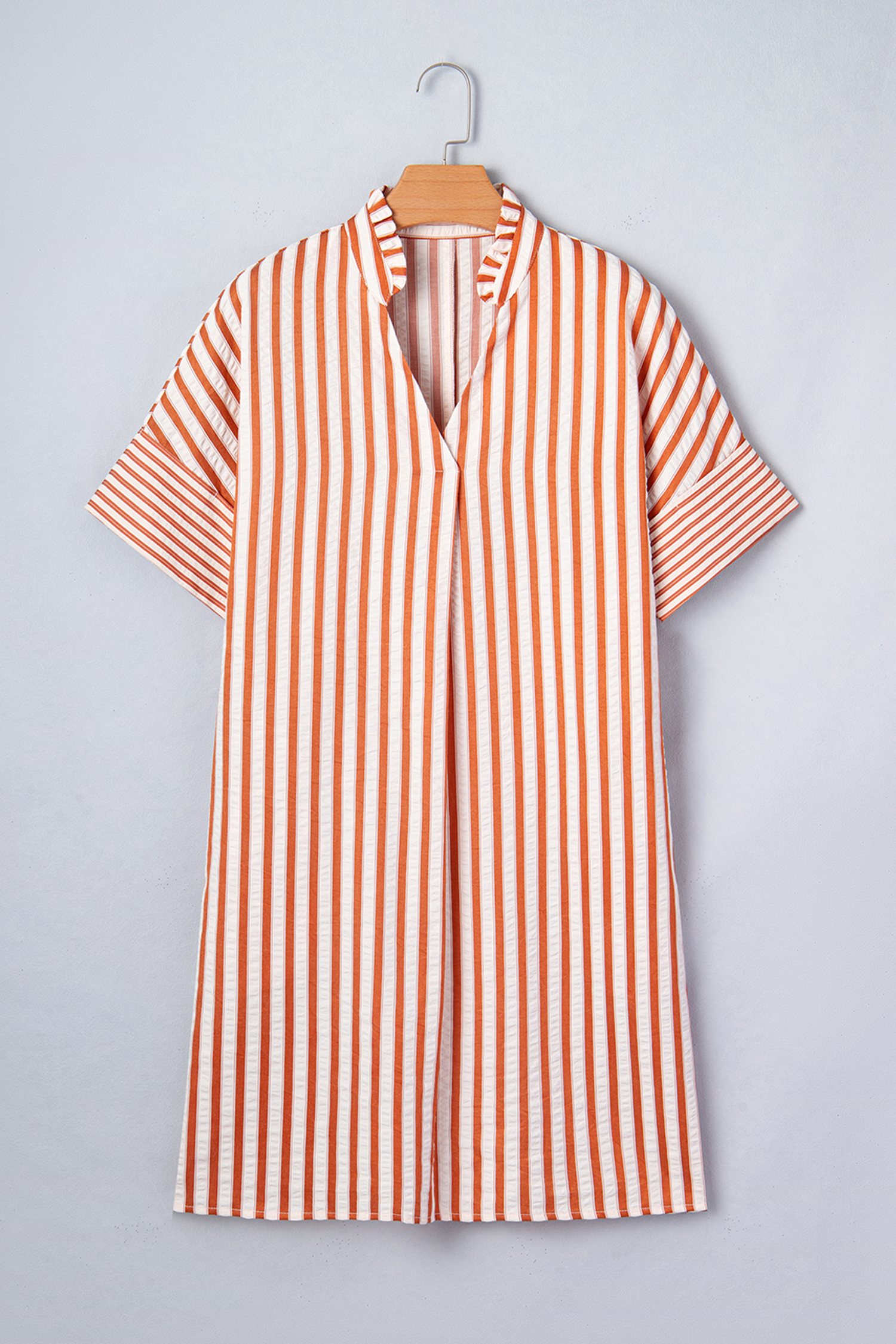 Brown Stripe Pinched V Neck Turn-up Cuffs Shift Mini Dress