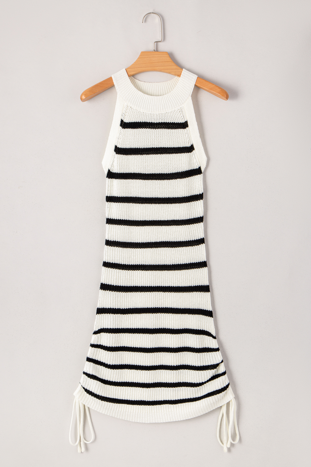 Black Stripe Knitted Drawstring Detail Sleeveless Dress