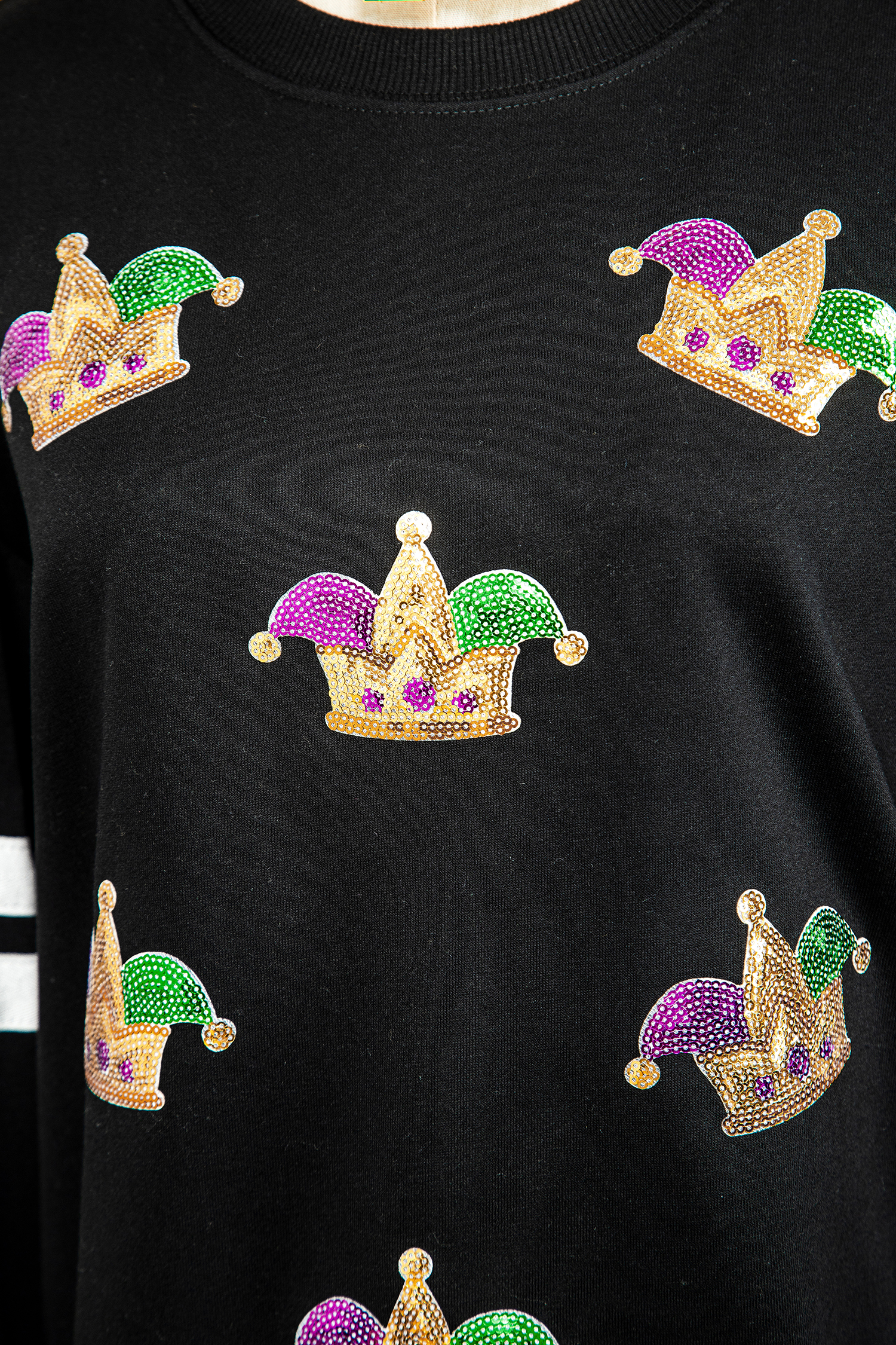 Black Sequin Mardi Crown Dropped Shoulder Varsity Sweatshirt