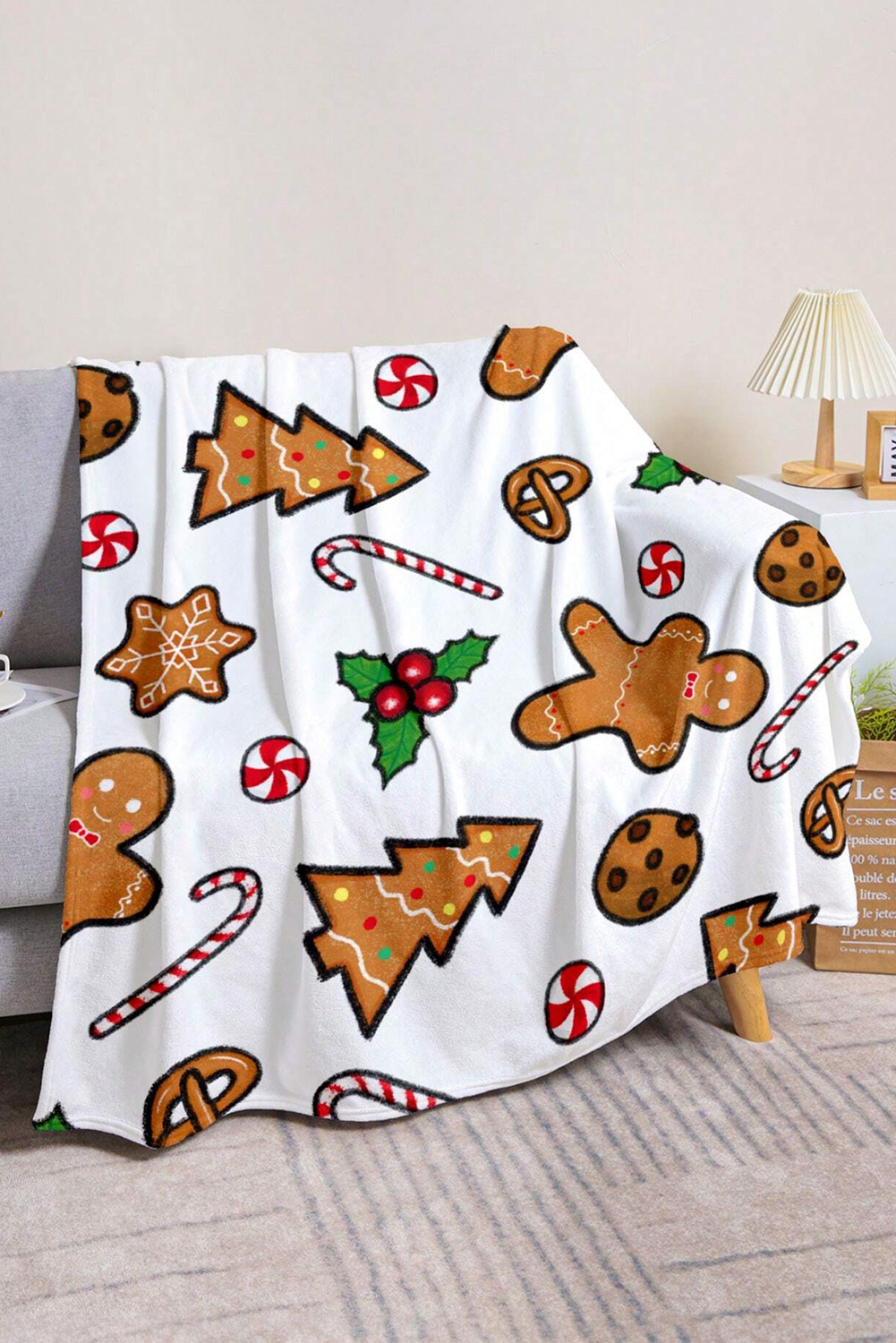 White Christmas Gingerbread Man Candy Elements Printed Blanket