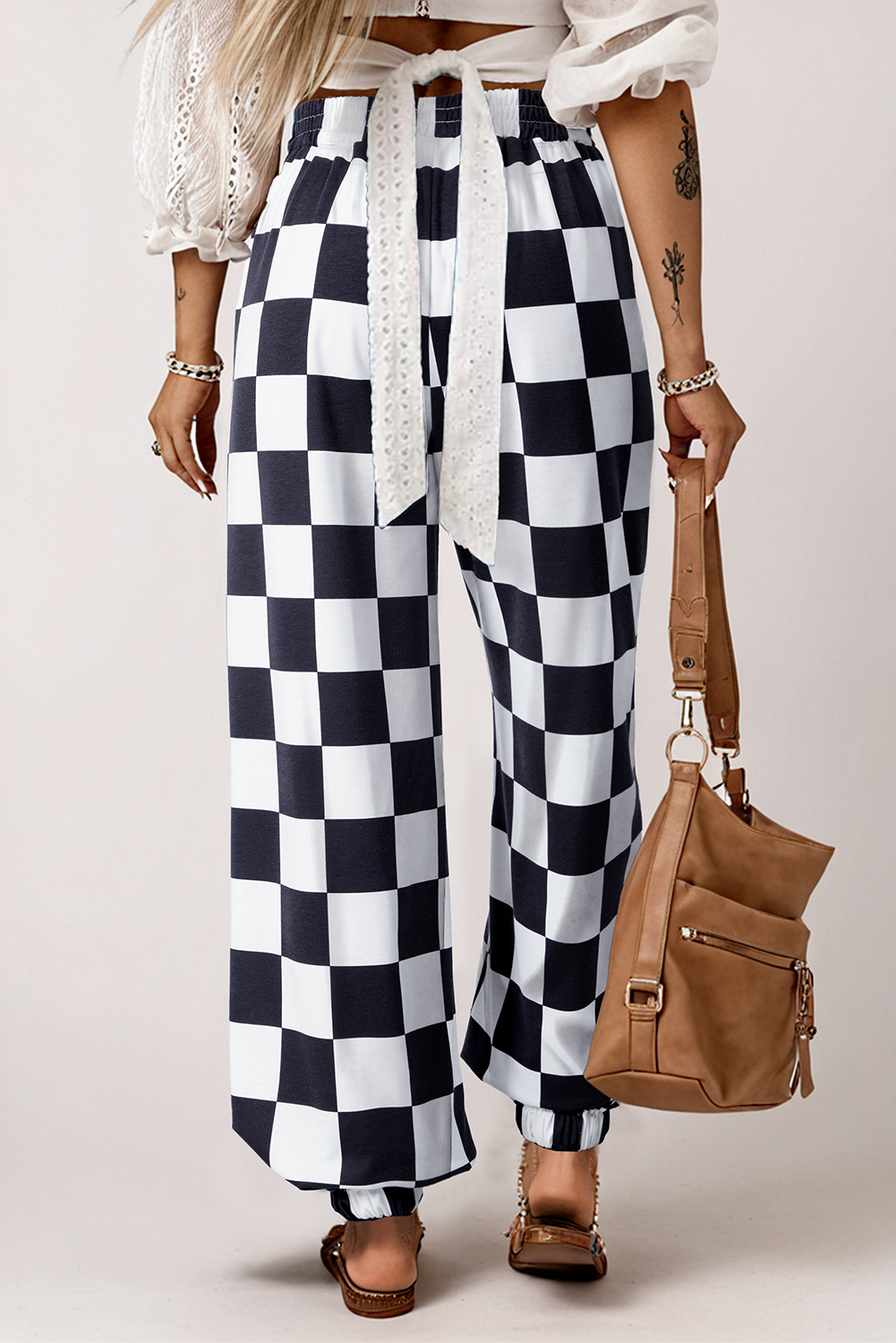 Black 2-Tone Checked Print High Waist Wide Leg Pants