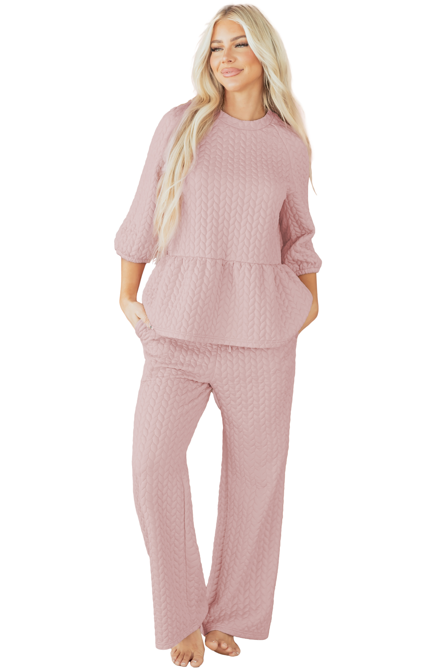 Delicacy Braided Texture Ruffle Hem Top Drawstring Loose Pants Set