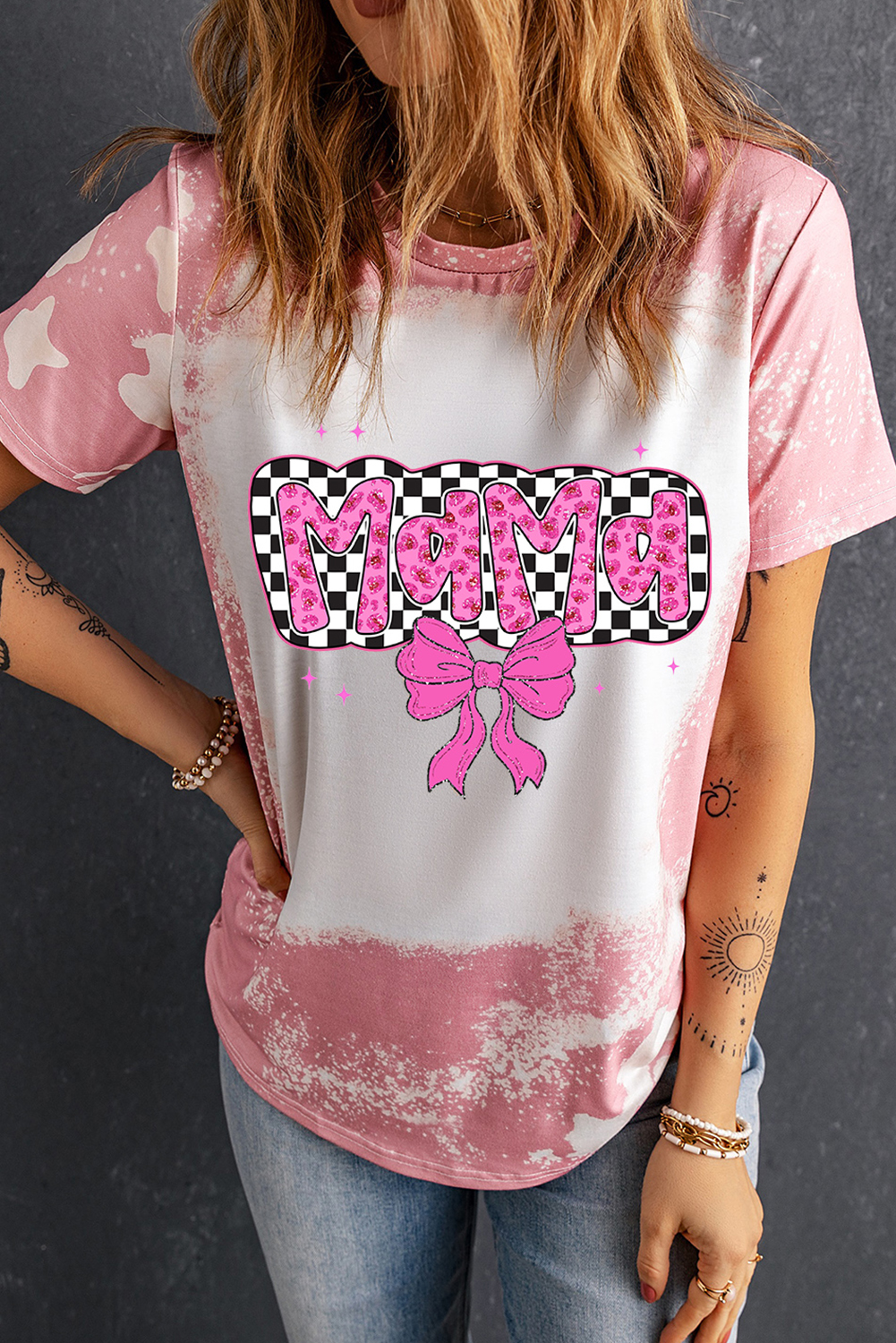 Pink Checkered Bow MAMA Graphic Tie-dye Tee