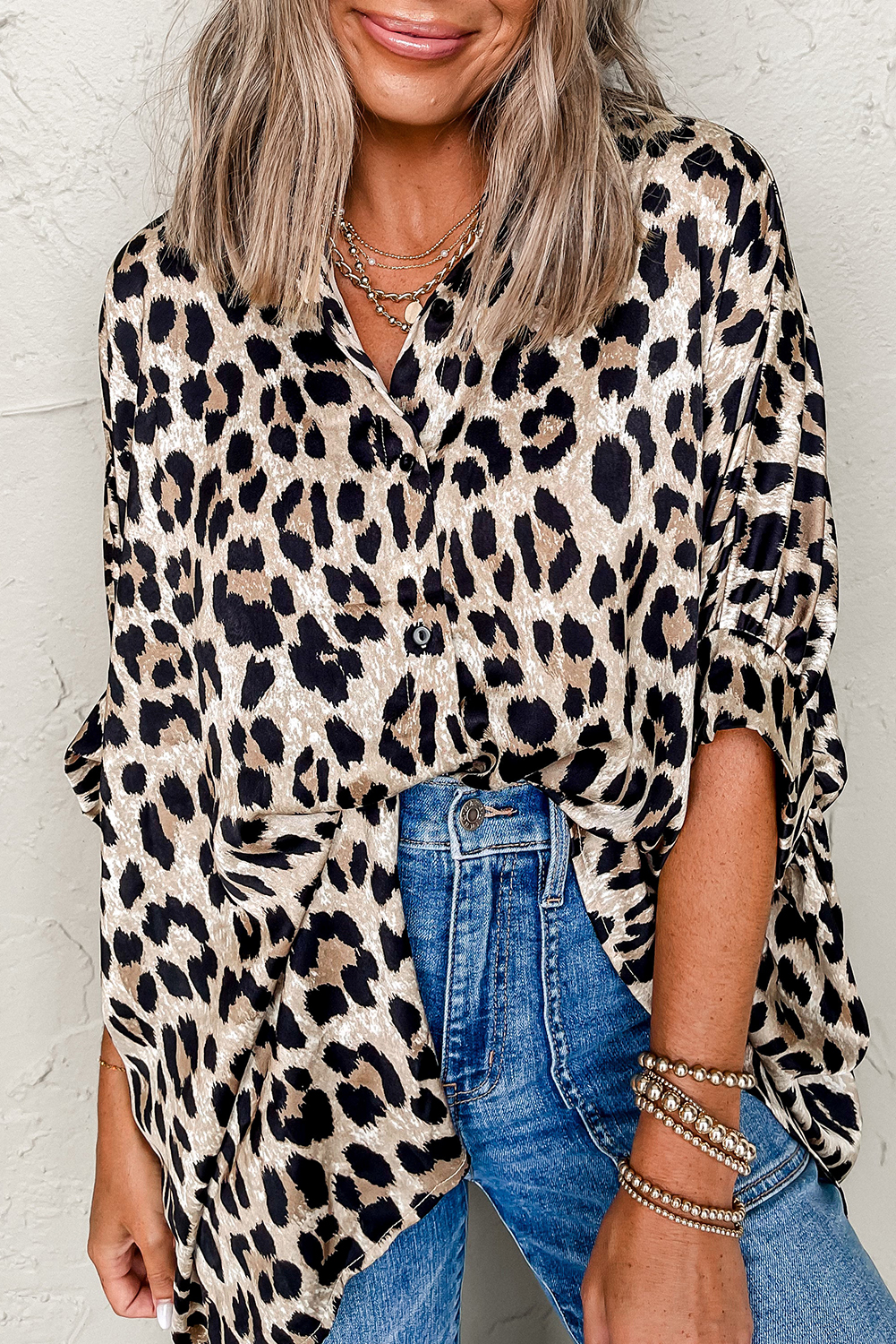 Beige Leopard Print Buttoned 3/4 Sleeve Loose Fit Shirt