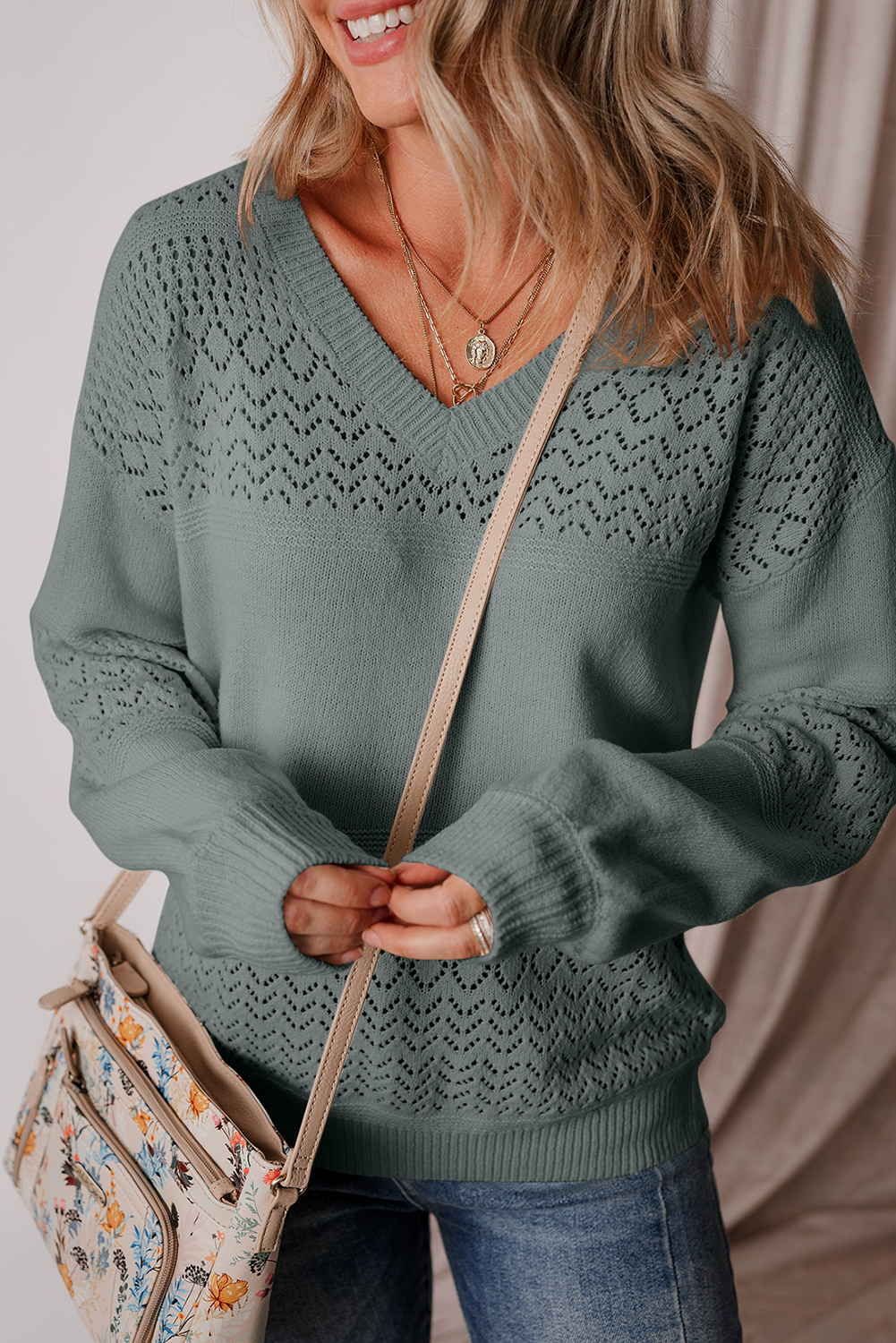 Sky Blue Eyelet Pattern Detail V Neck Drop Shoulder Sweater