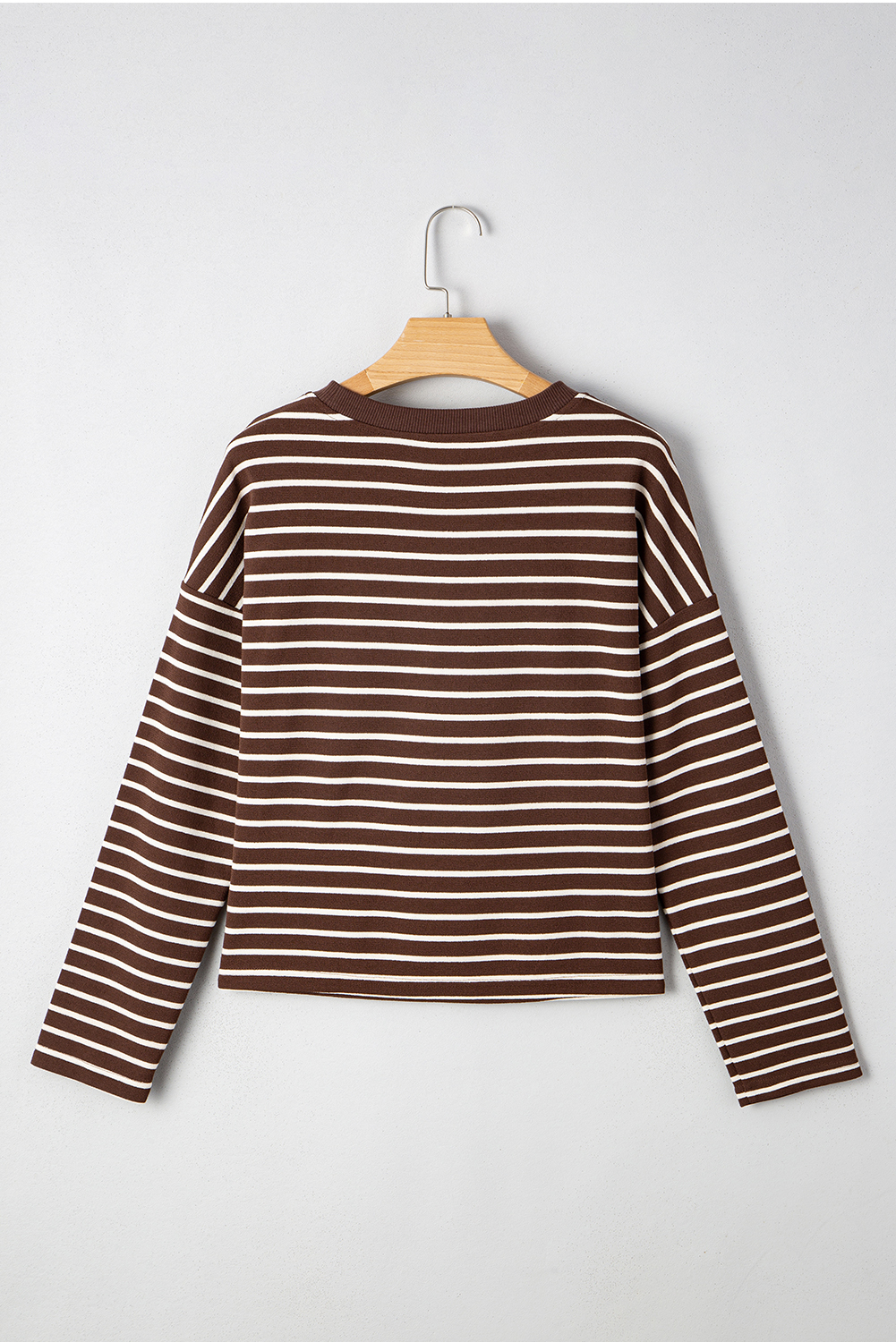 Brown Stripe Ribbed Cropped Crew Neck Long Sleeve T Shirt