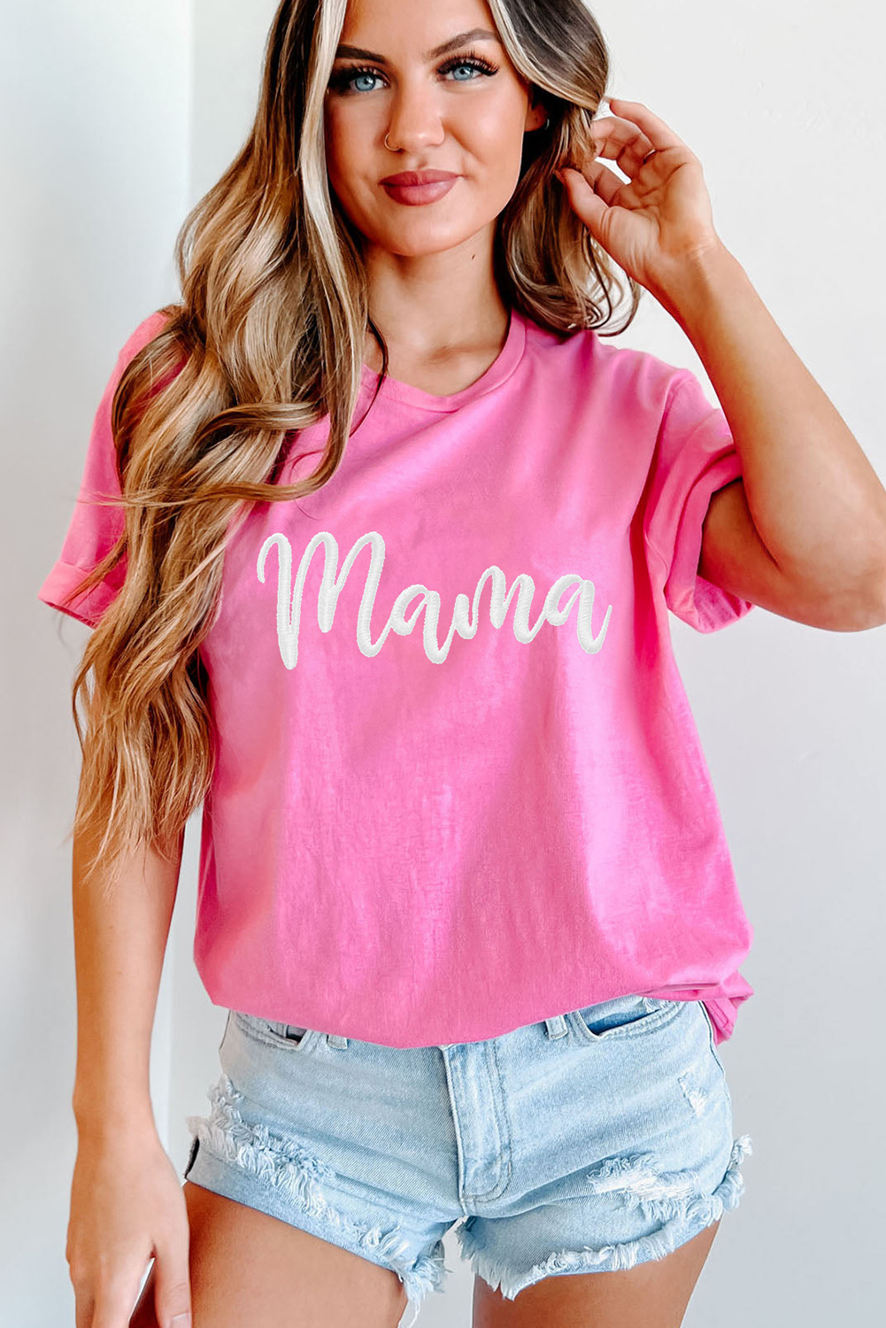 Sachet Pink mama Embroidered Graphic Crewneck Mothers Day T Shirt