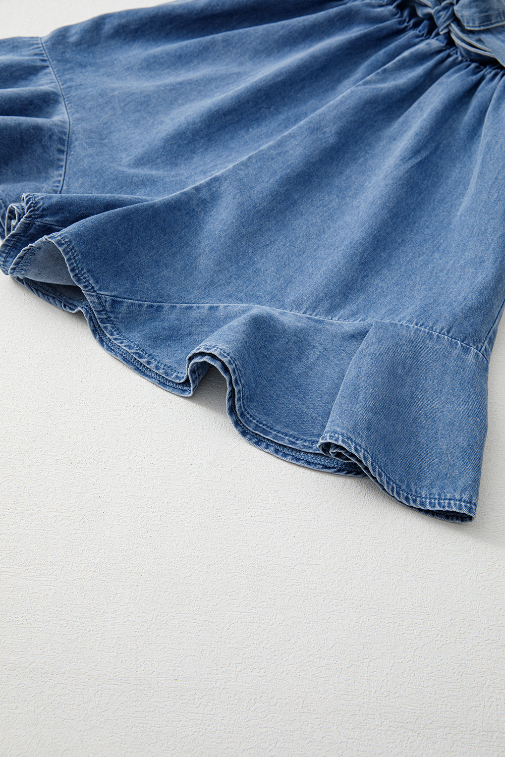 Ashleigh Blue Spaghetti Straps V Neck Belted Ruffled Leg Chambray Romper