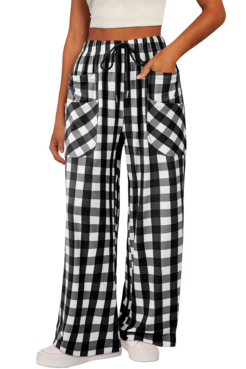 Black Checkered Print Double Pocketed Drawstring Casual Pants