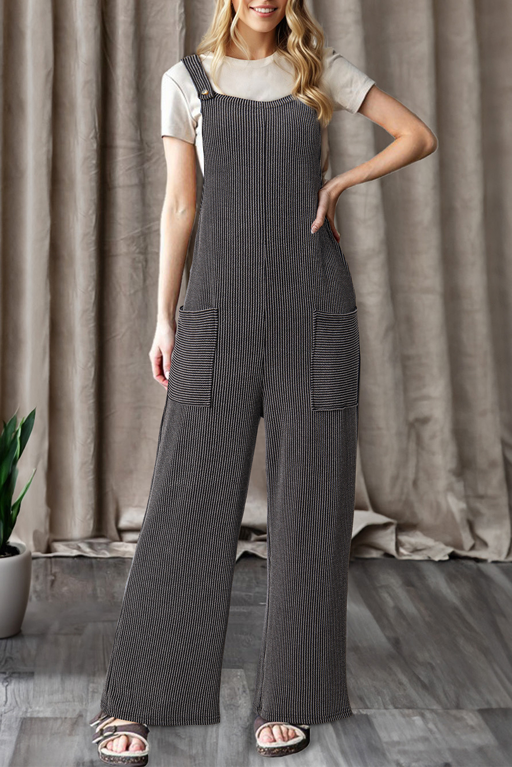 Dark Grey Ribbed Knit Patched Pocket Wide Leg Overalls