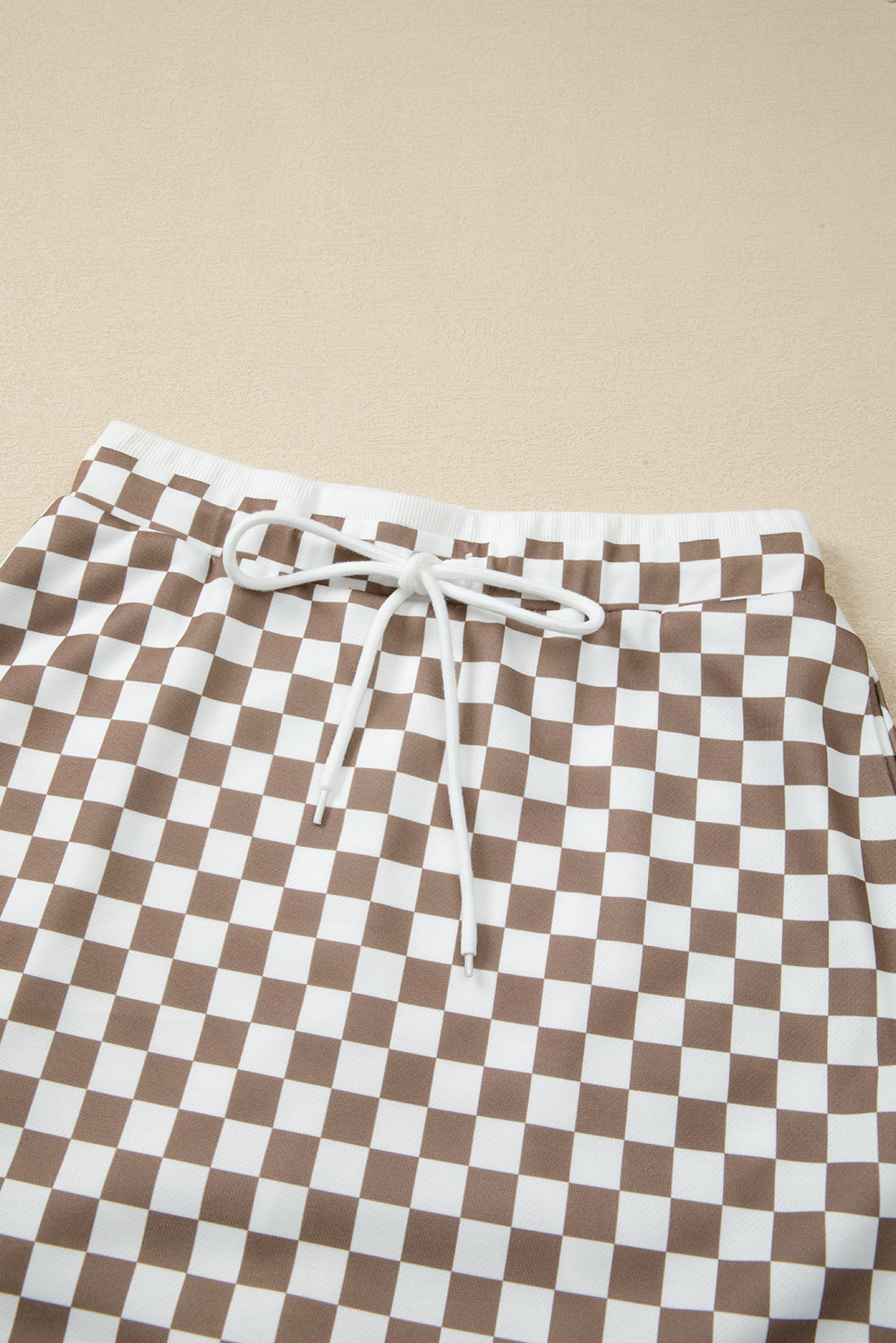 Khaki Checkered Print Polo Collar Cropped Long Sleeve Top Drawstring Mini Skirt Set