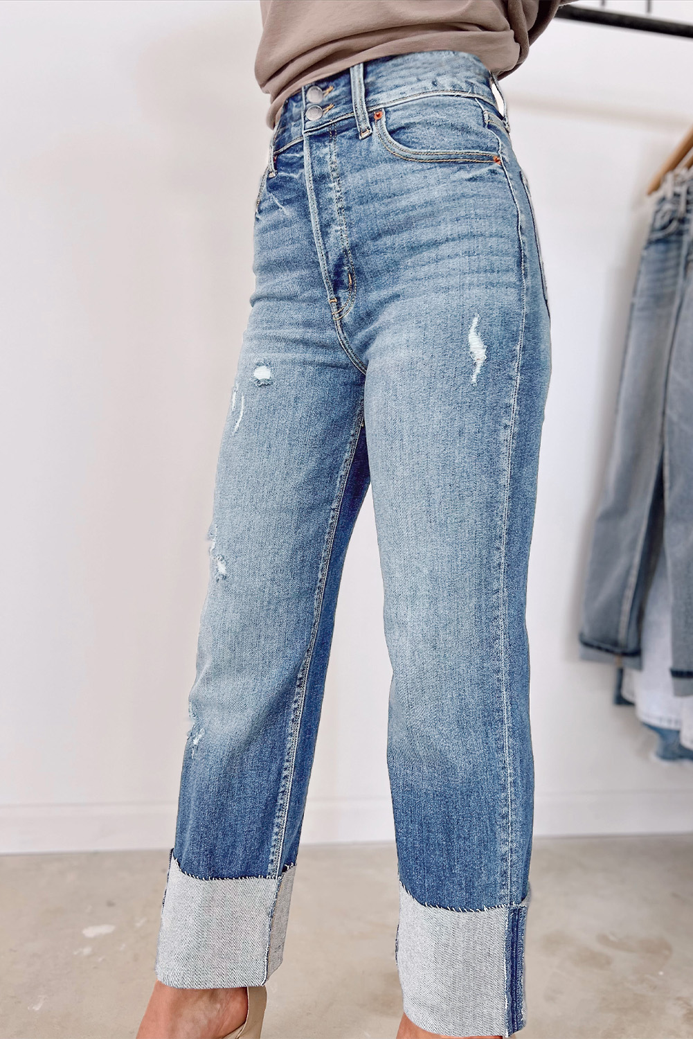 High Waist Distressed Straight Leg Jeans