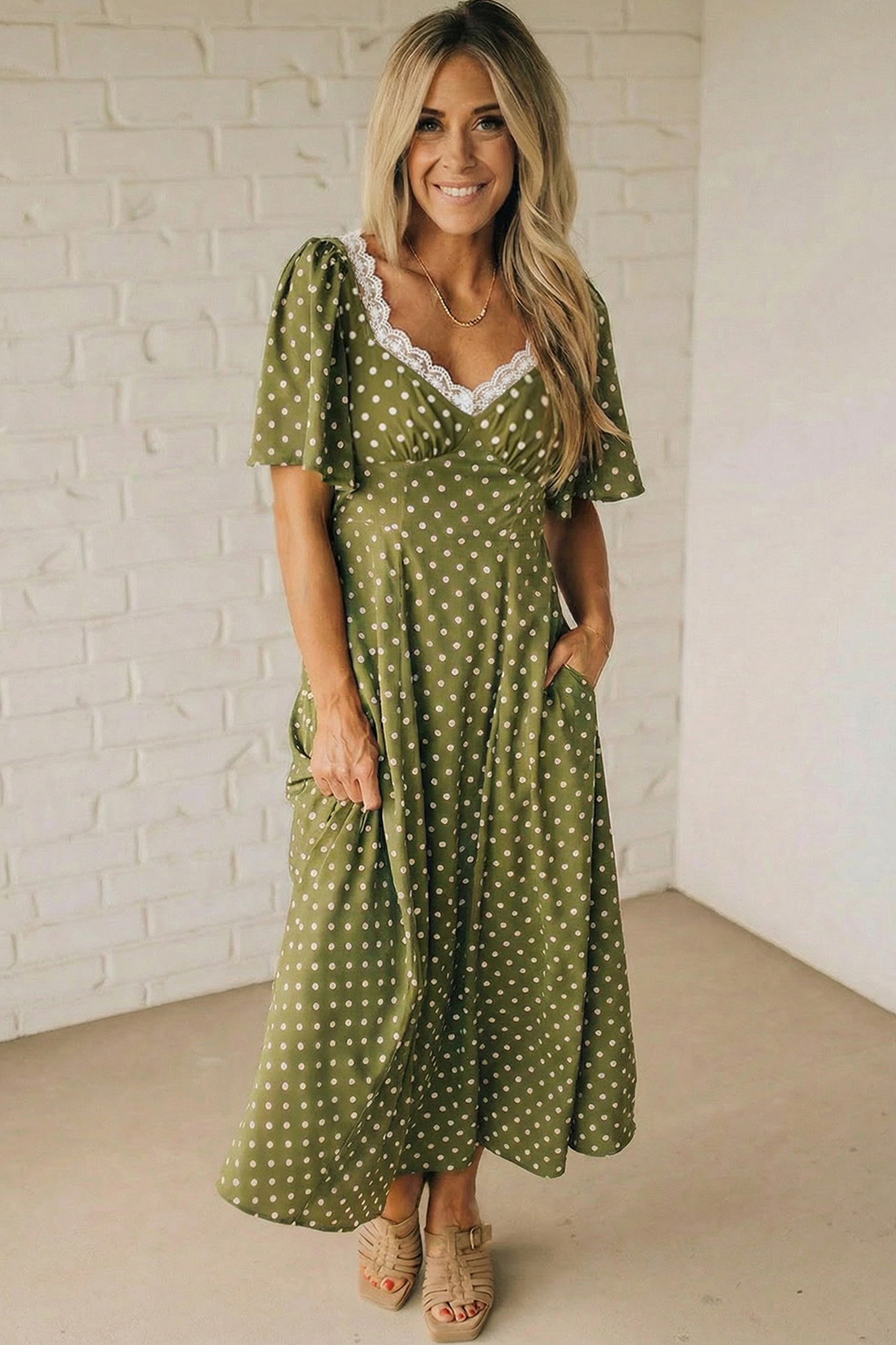 Green Polka Dot Print Lacy Neckline Smocked High Waist Maxi Dress