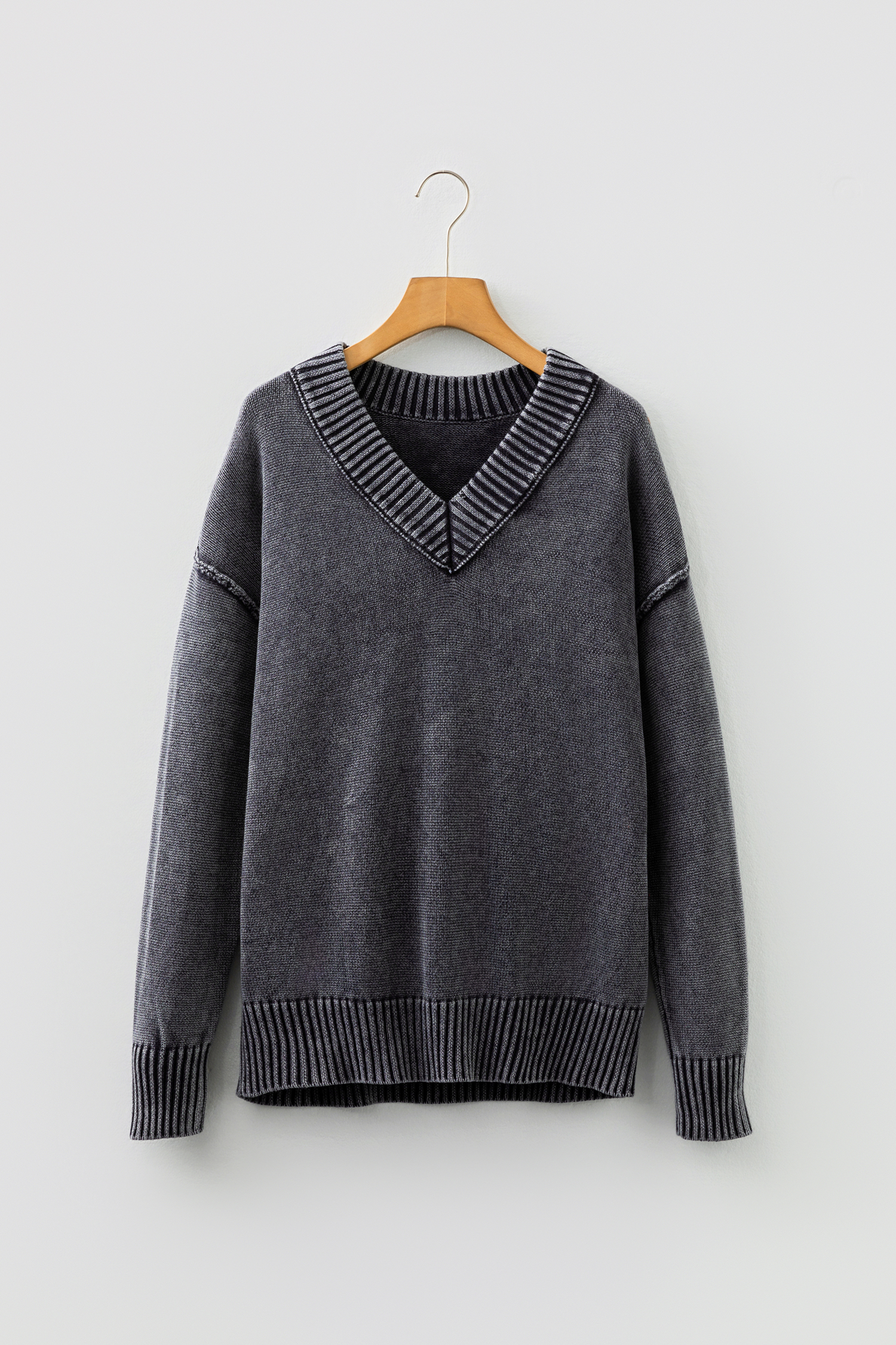 Four Leaf Clover Mineral Wash V Neck Knit Exposed Seam Drop Shoulder Loose Sweater