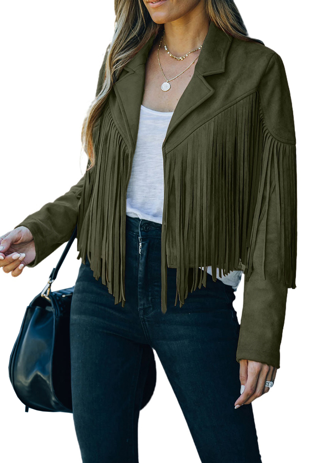 Gray Cropped Fringe Faux Suede Jacket