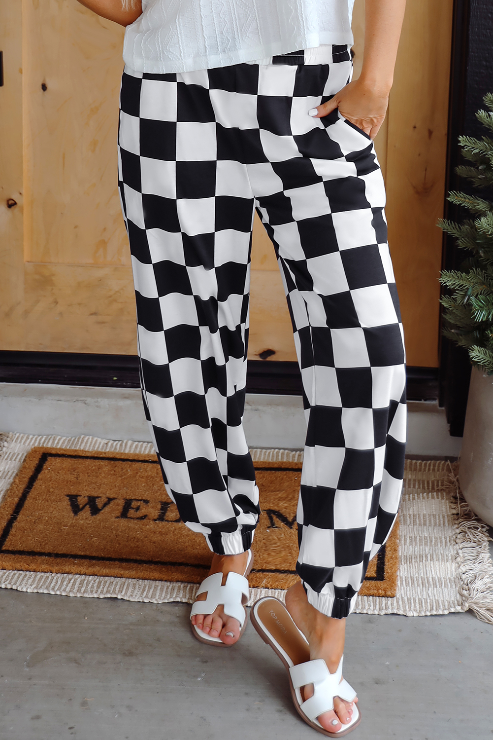 Black 2-Tone Checked Print High Waist Wide Leg Pants