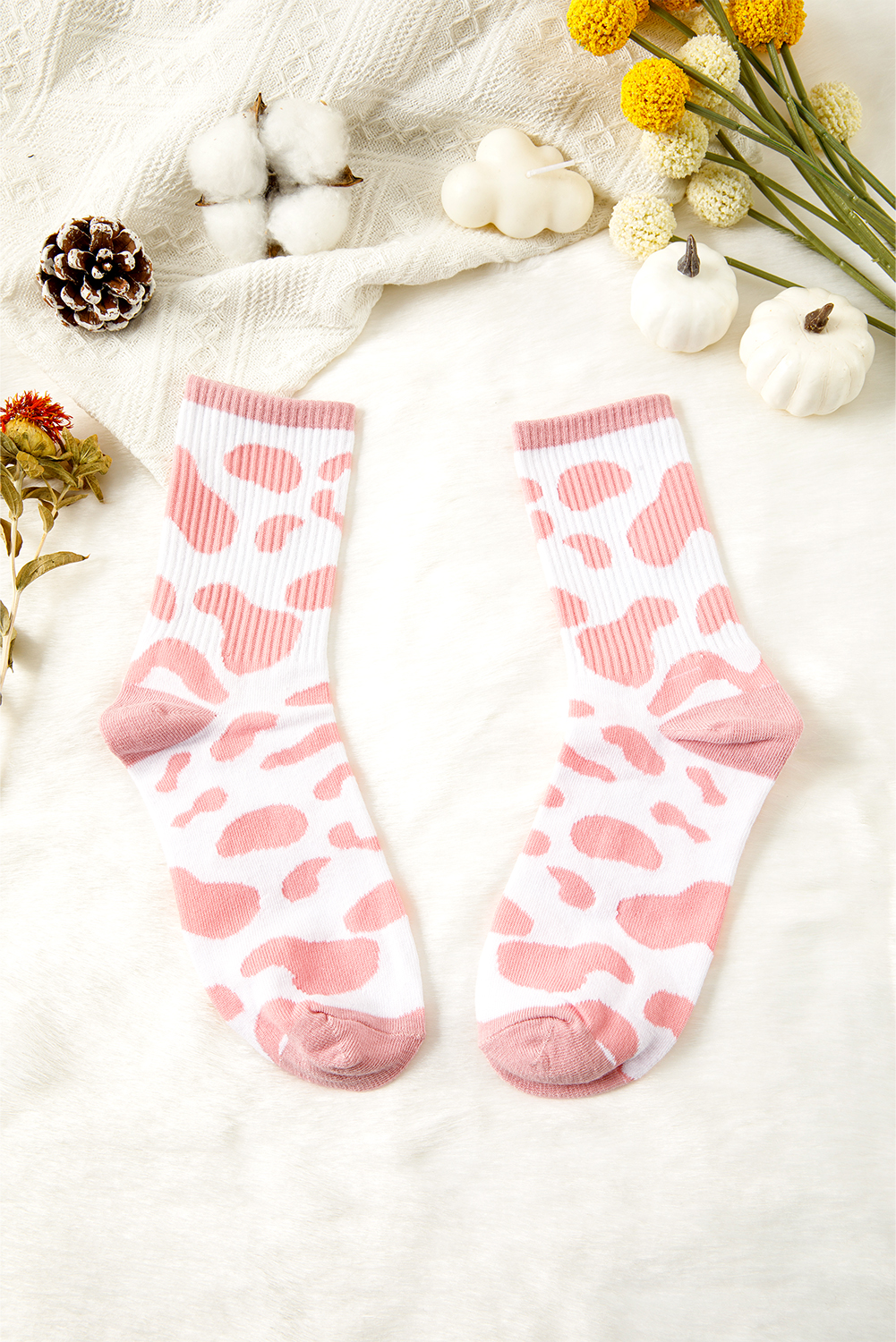 Pink Cow Print Ribbed Detail Crew Socks