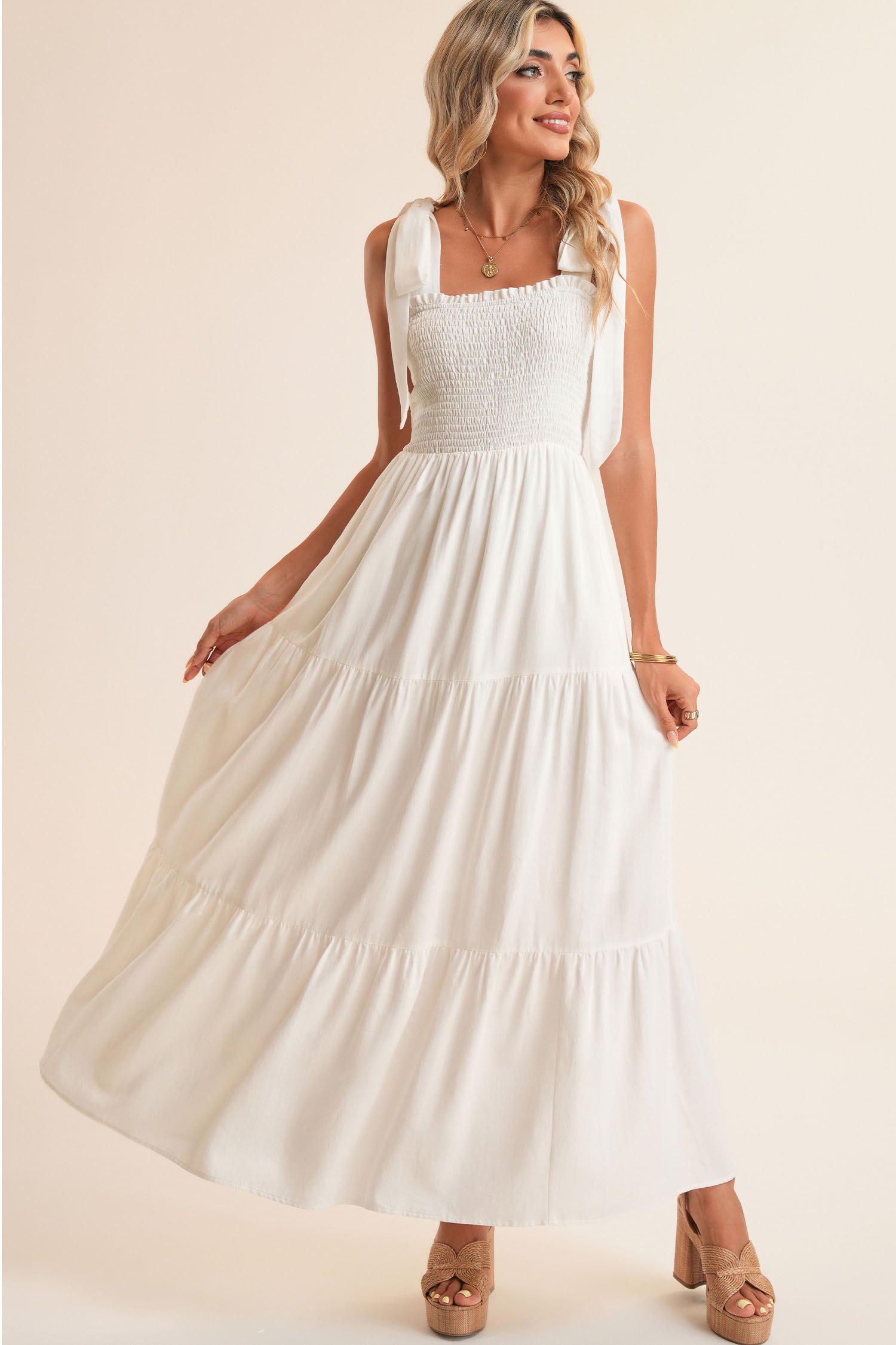 White Customizable Knot Straps Smocked Bodice Tiered Blank Maxi Dress