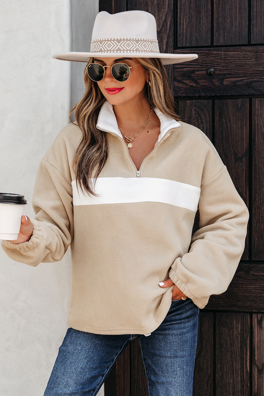 Parchment Fleece Colorblock Patchwork Zipped Neck Pullover Sweatshirt