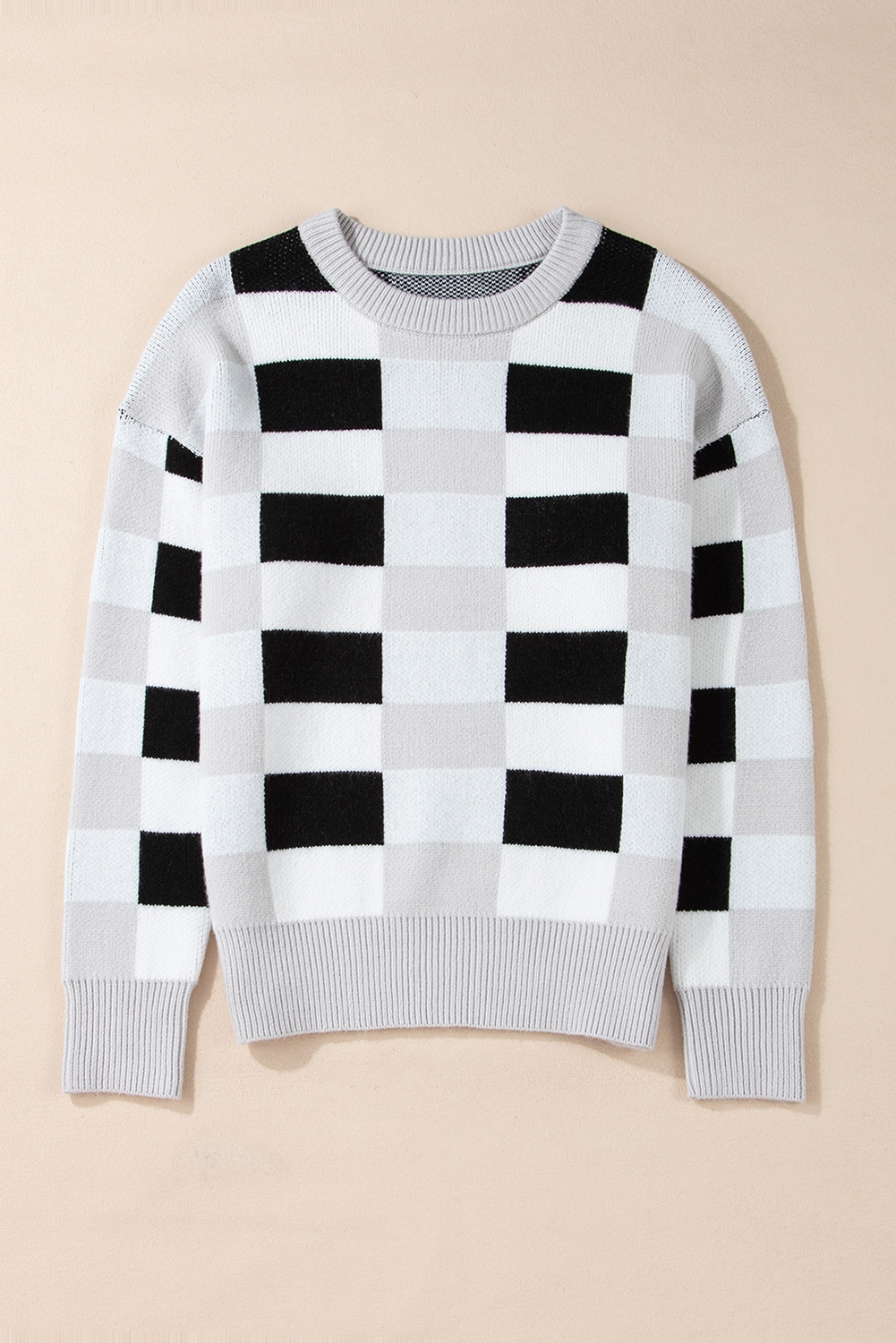 Khaki Checkered Ribbed Edge O Neck Drop Shoulder Sweater