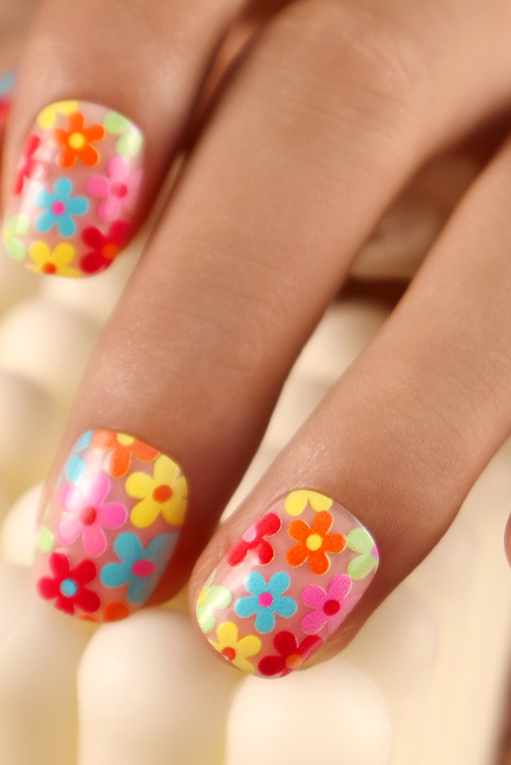 Pink Cute Flowers Print Press On False Nails