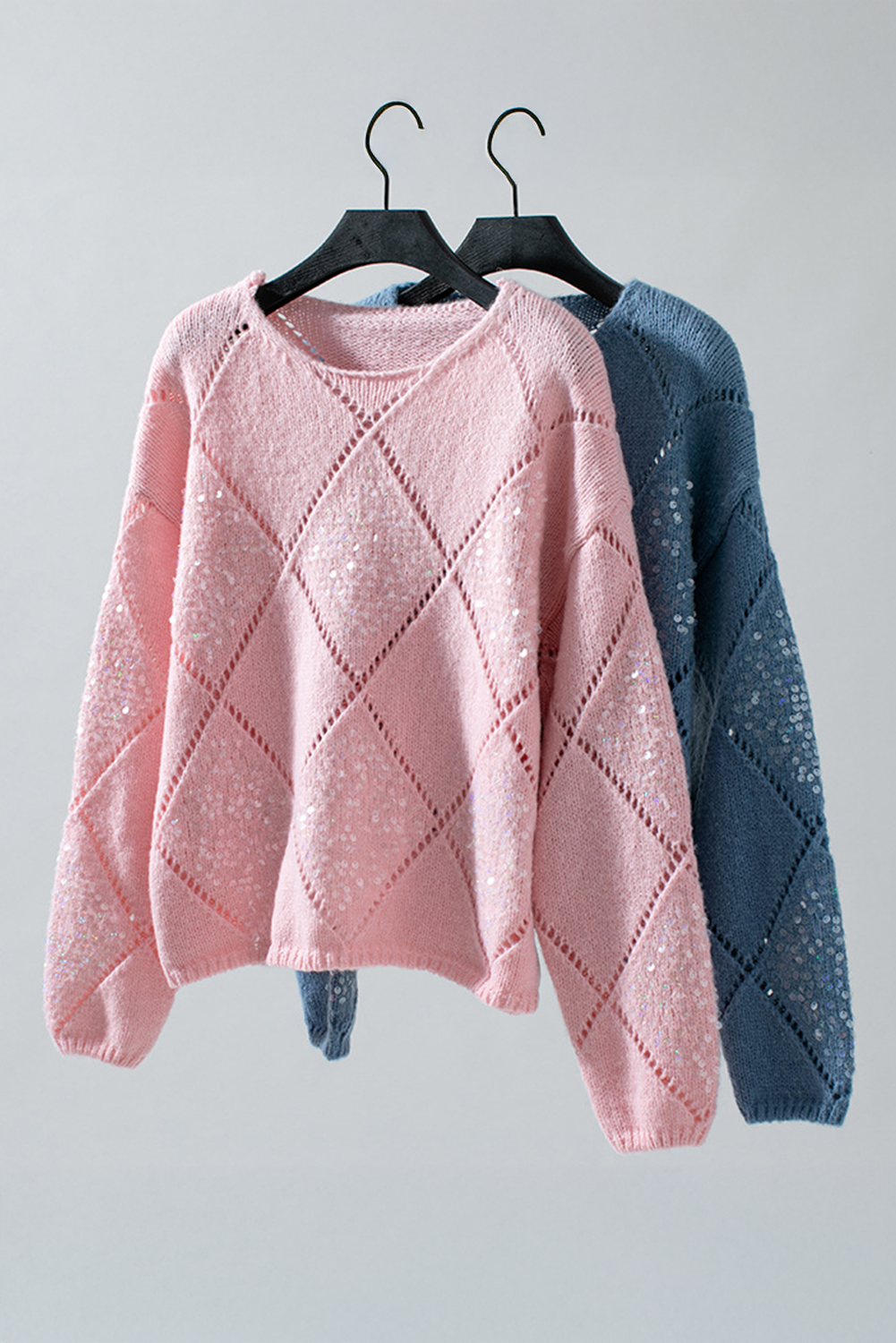 Dusk Blue Hollowed Rhombus Pattern Sequin Detail Round Neck Sweater