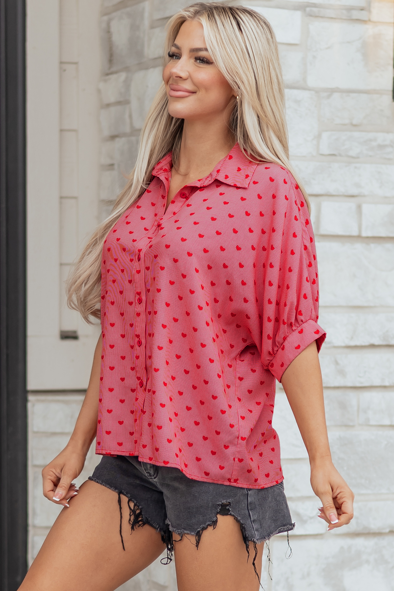 Red Heart Shape Print Half Sleeve Loose Valentine Shirt