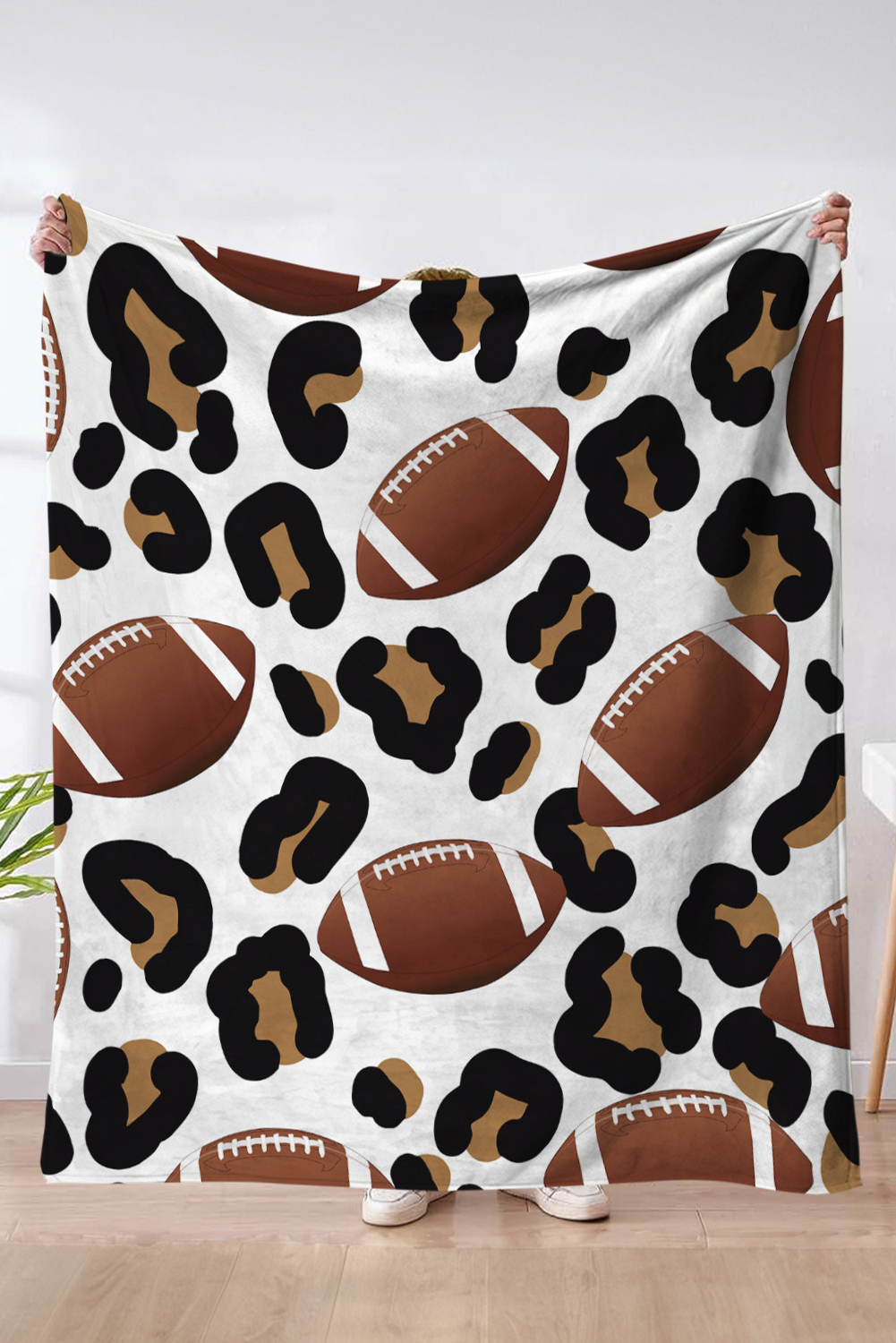 White Leopard & Rugby Football Print Flannel Blanket