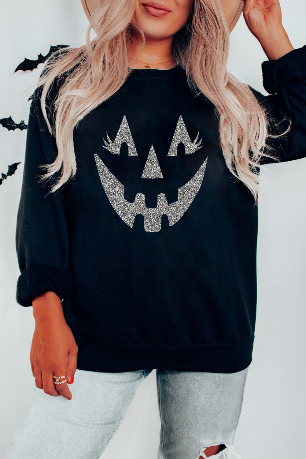 Black Spooky Face Printed Halloween Fashion Baggy Sweatshirt