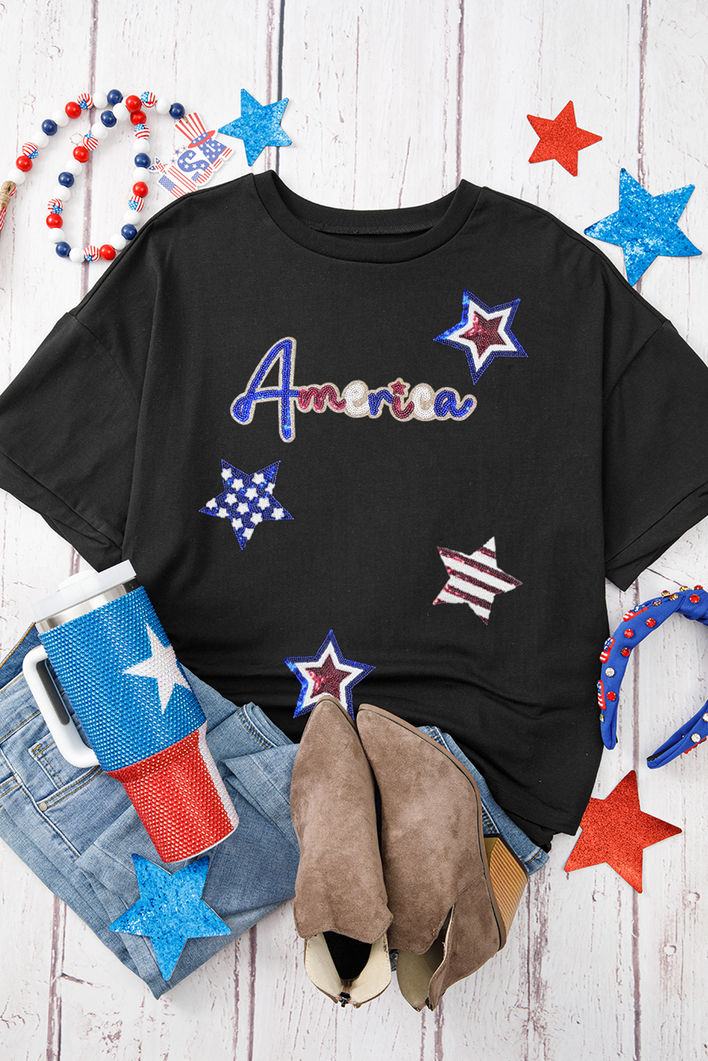 Black Sequin USA Bow Graphic Independence Day T Shirt