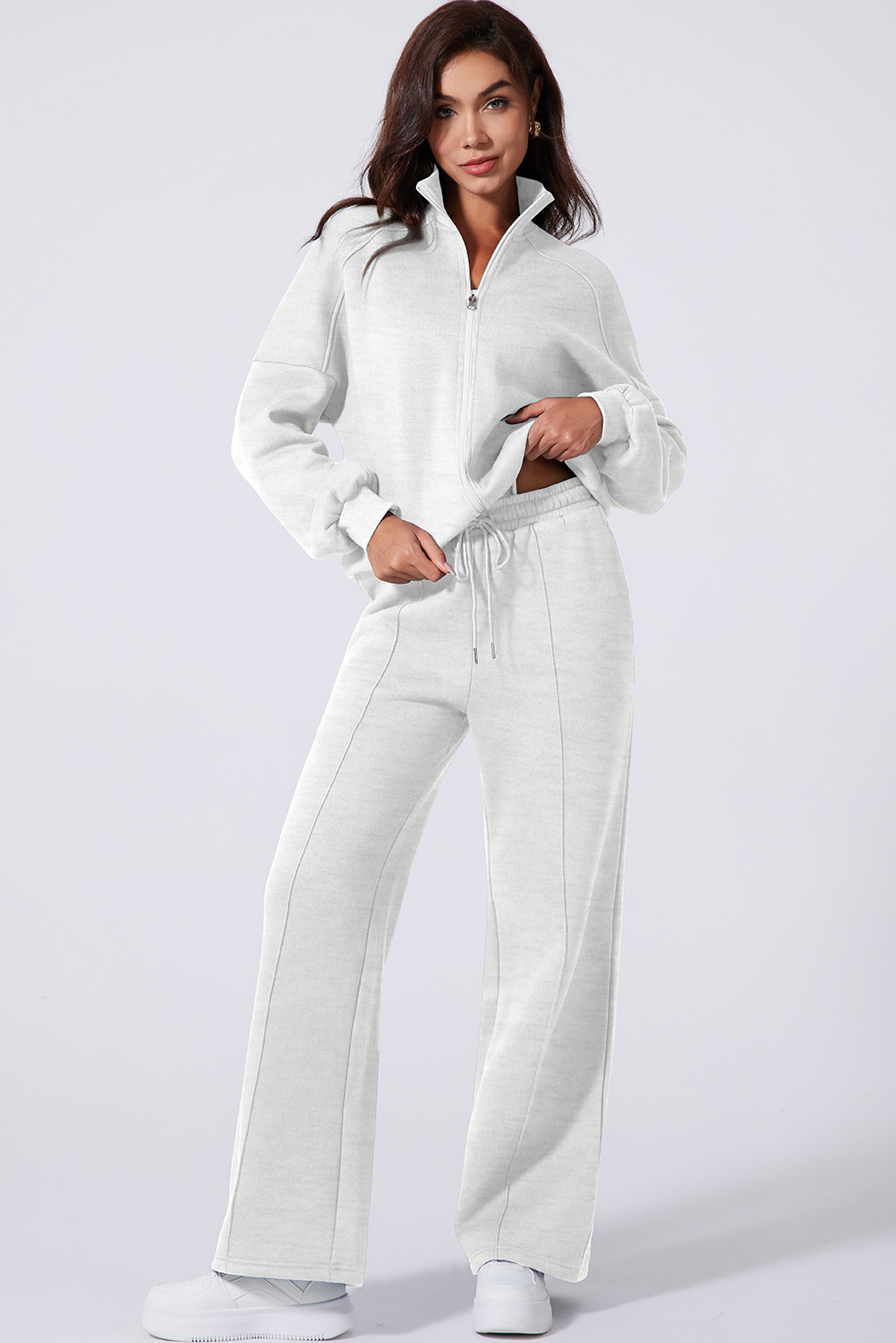 Navy Blue Drop Shoulder Zip Up Jacket Drawstring Pants Active 2pcs Set