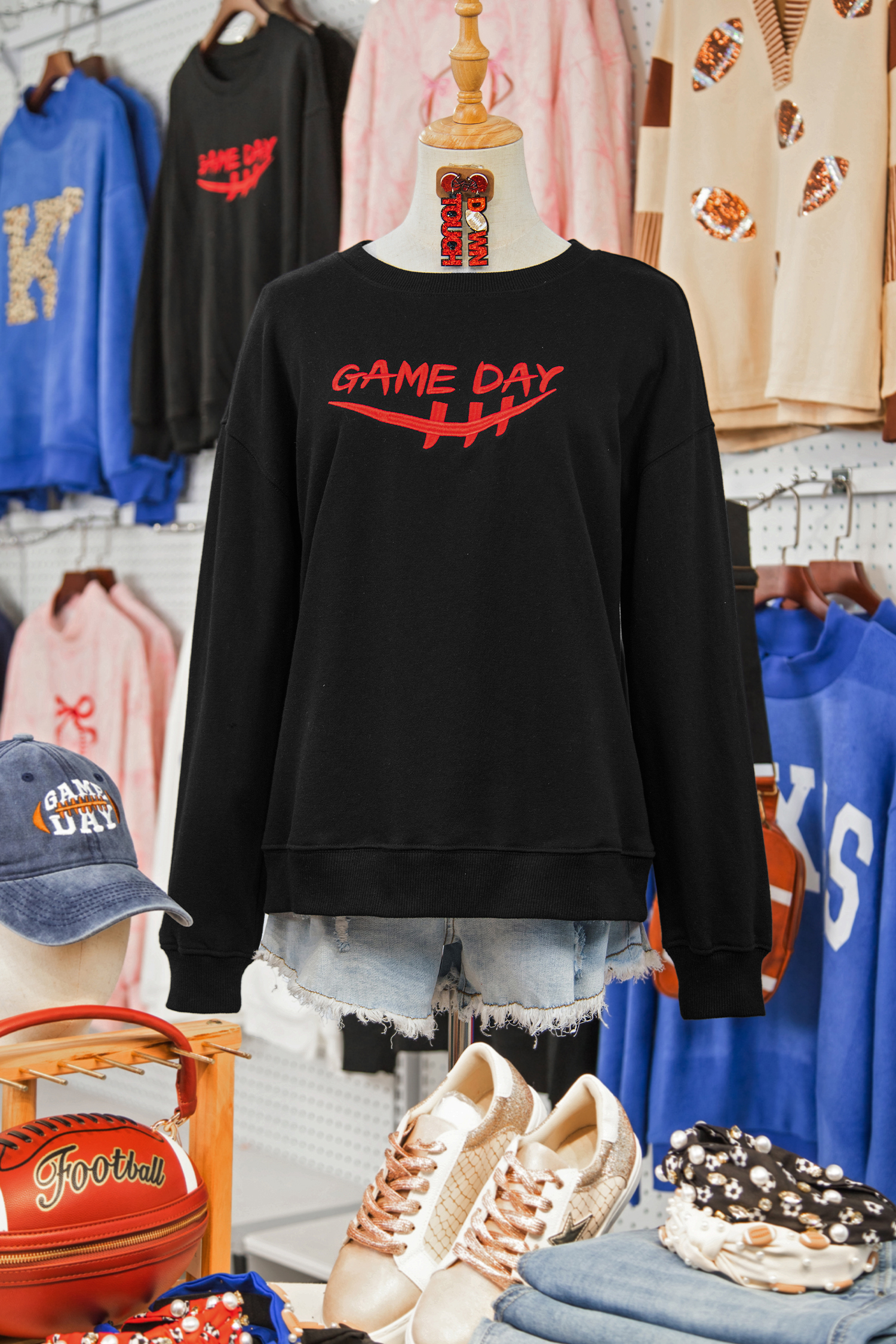 Black GAME DAY Embroidered Graphic Casual Pullover Sweatshirt