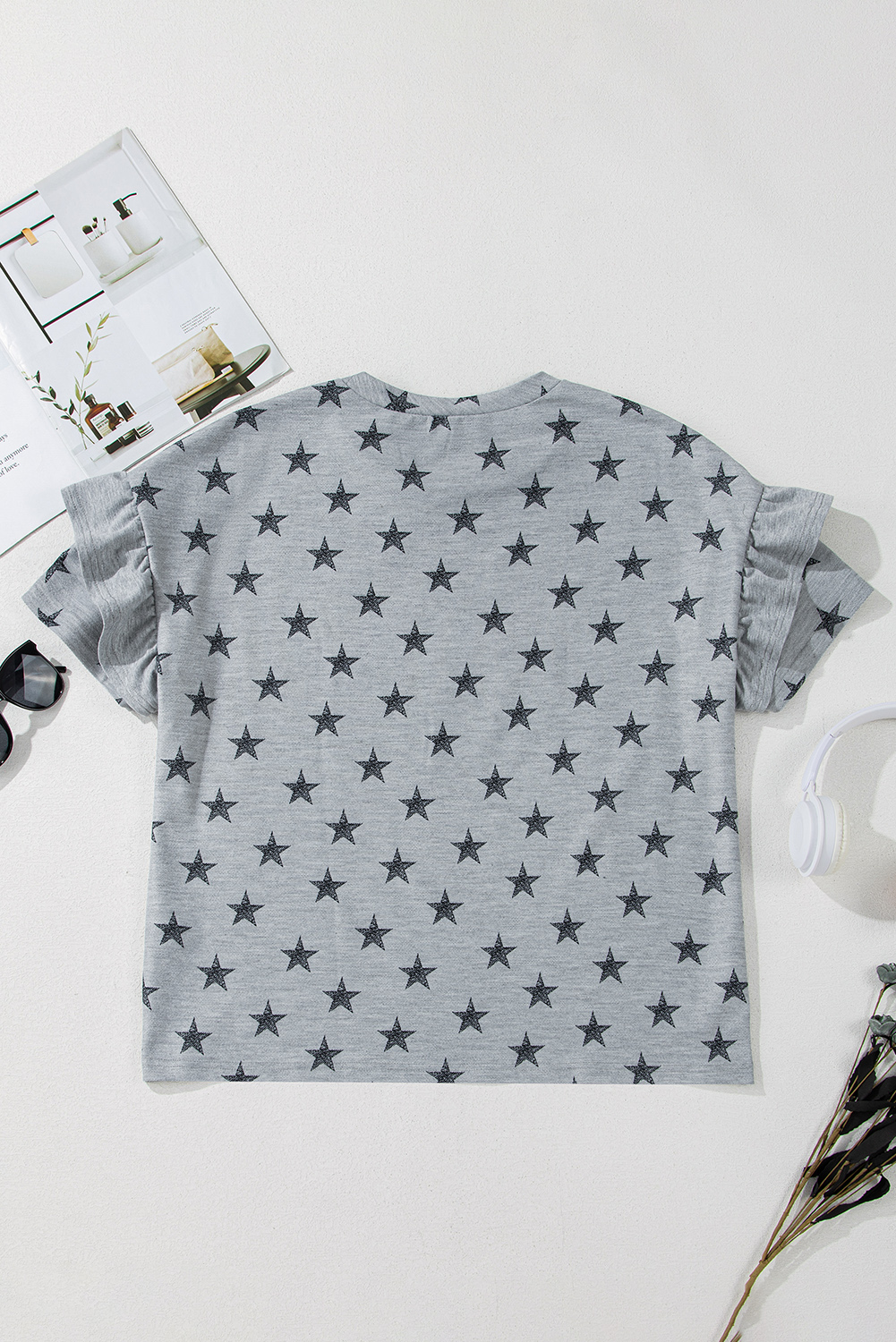 Gray USA Letter Patched Star Printed Ruffle Trim Sleeves Loose Tee