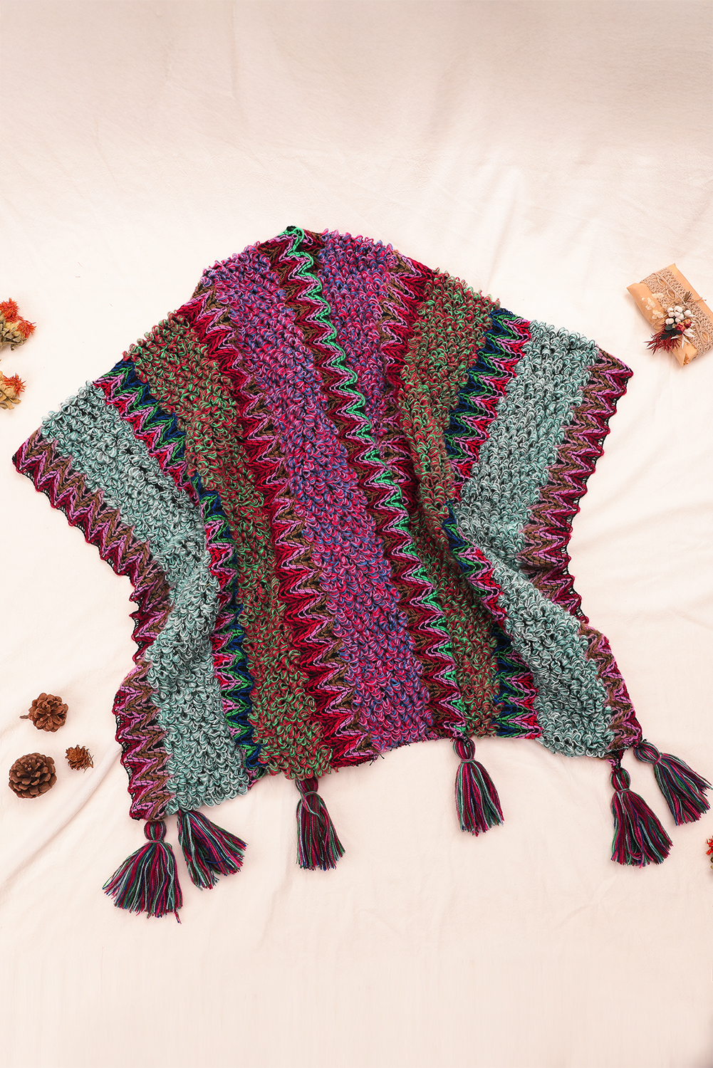 Rose Red Ethnic Knit Shawl Wrap Cape Sweater Thickened Tassel Poncho Cloak