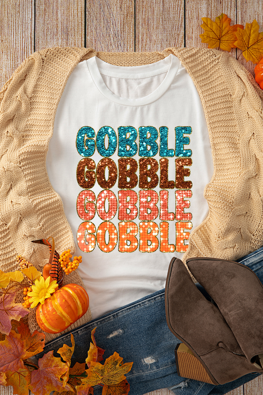 White Heat Transfer GOBBLE Graphic Crewneck Thanksgiving T Shirt