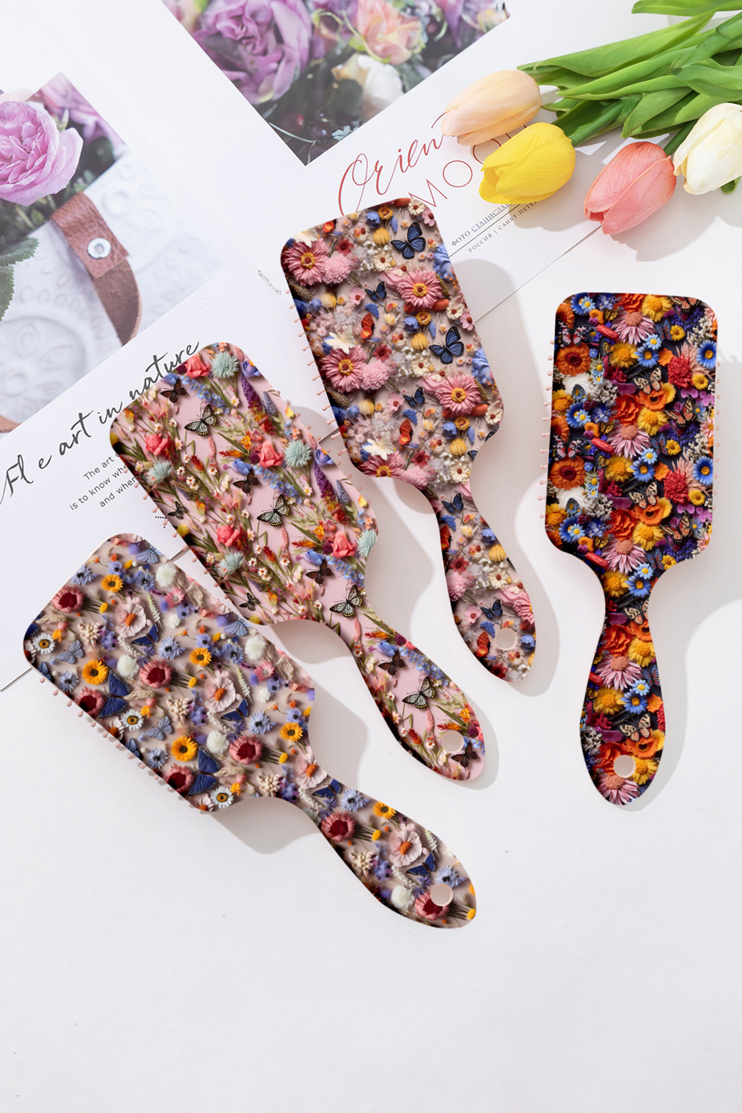 Peach Blossom 3D Flower Butterfly Printed Large Detangle Paddle Hair Brush Comb