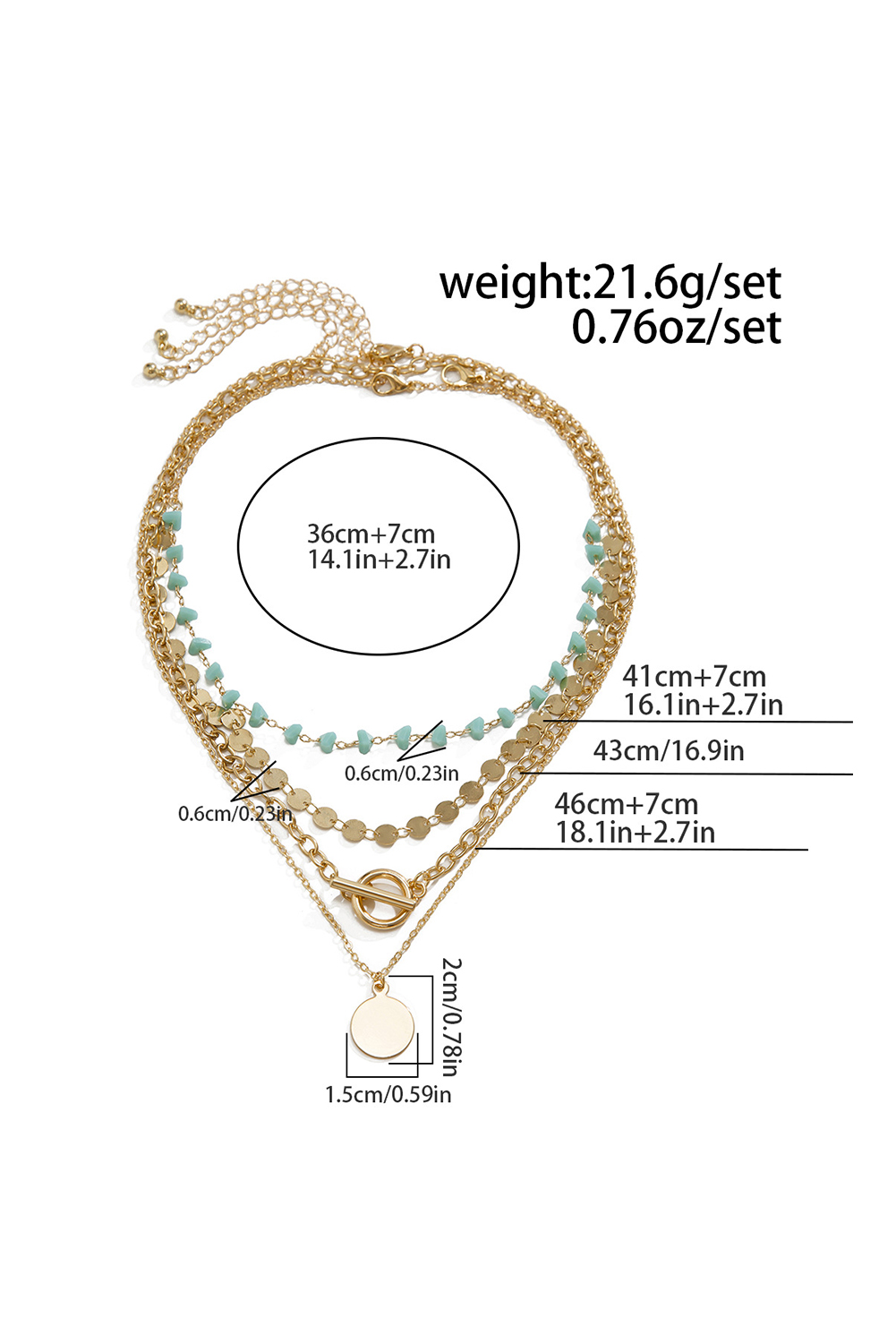 Gold Plated Toggle Disc Detail Turquoise Heart Beads 4pcs Necklace Set