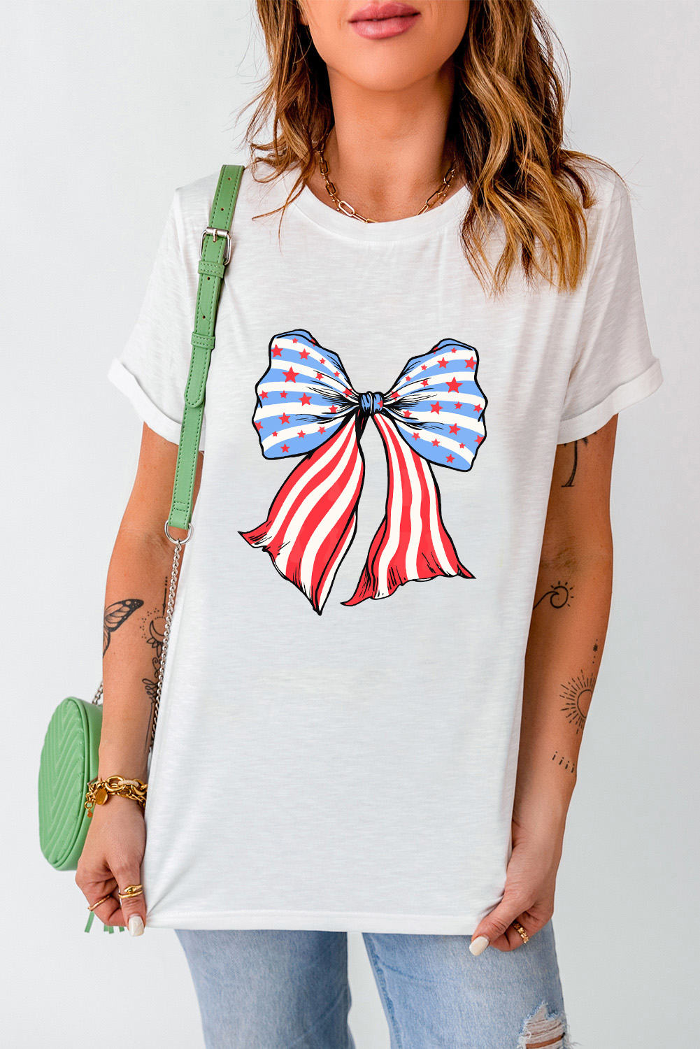 Khaki American Flag Bow Knot Print Round Neck T Shirt