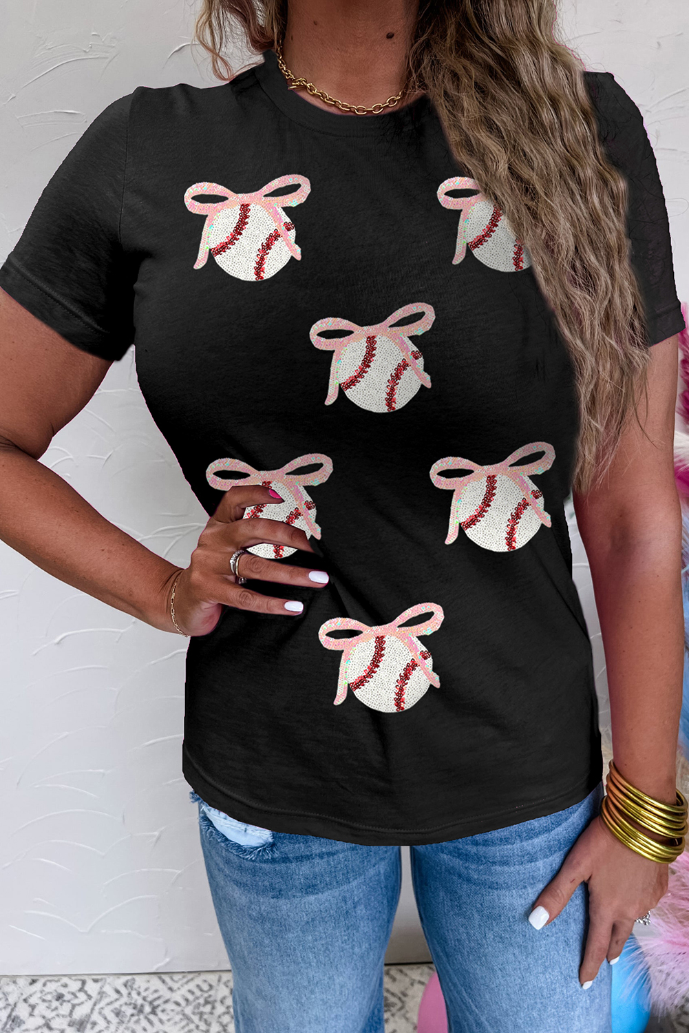 Black Shimmering Sequin Bow Ball Patterned Game Day Casual Tee