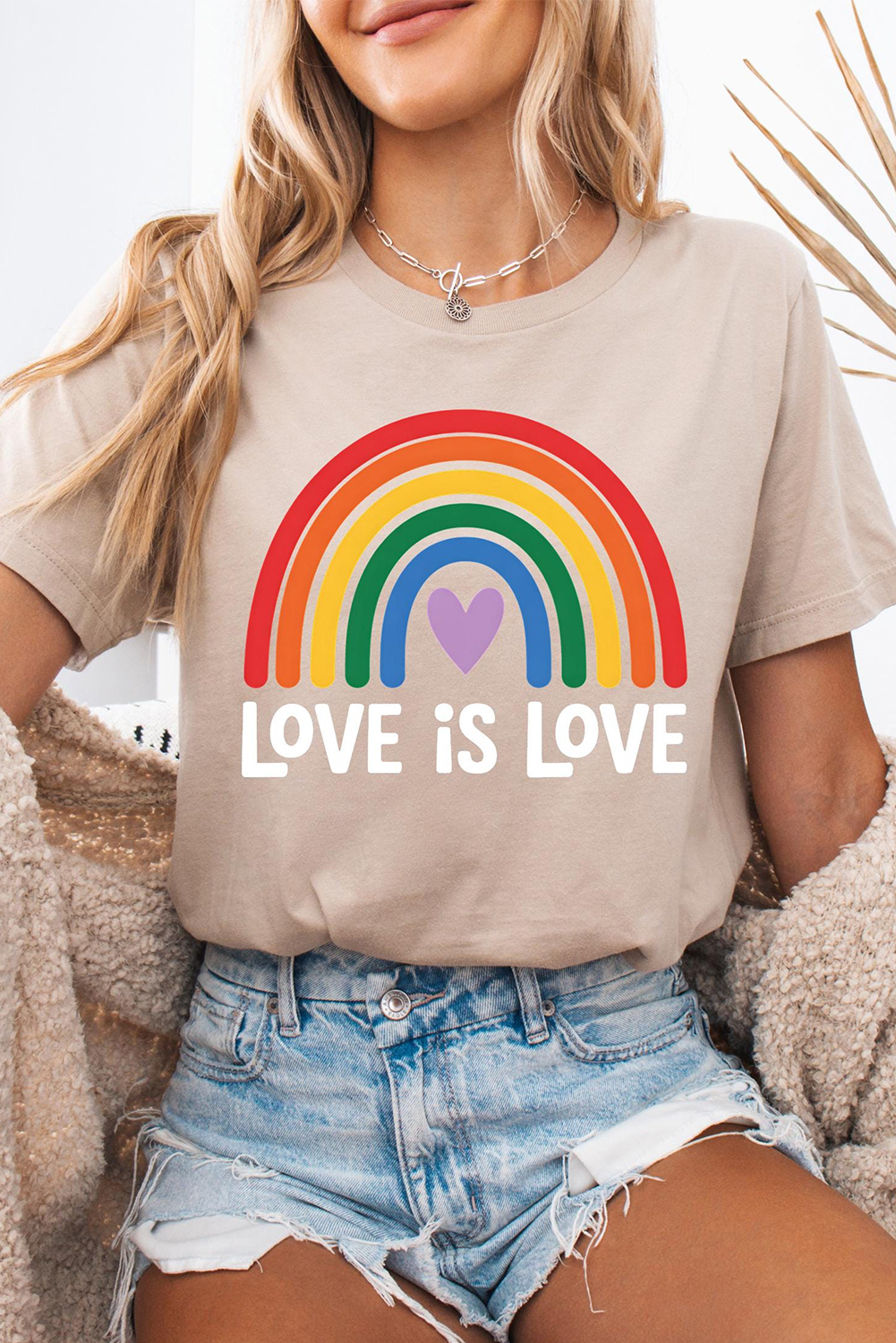 Khaki Love is Love Rainbow Heart Printed Cotton Blend T Shirt