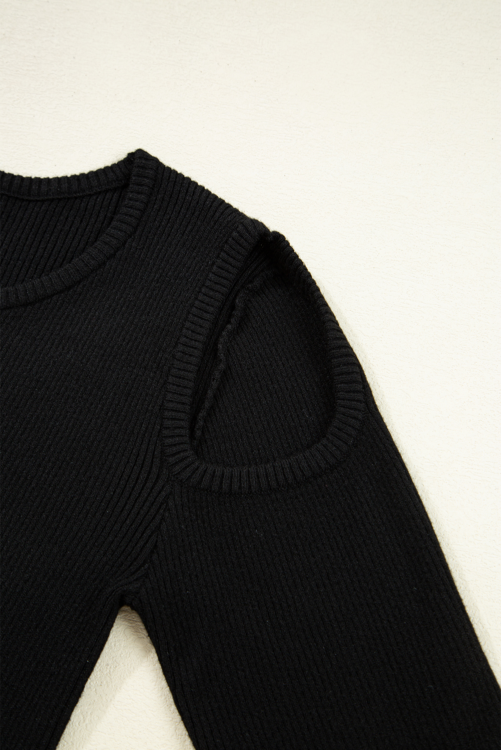 Black Ribbed Knit Cold Shoulder Sweater
