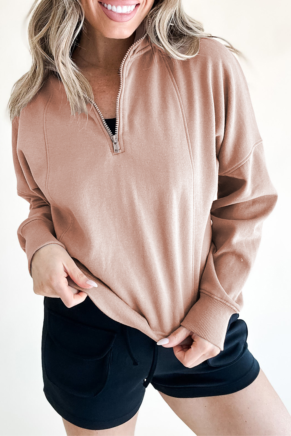 Fushia Zipped Neck Pullover Drop Shoulder Sweatshirt