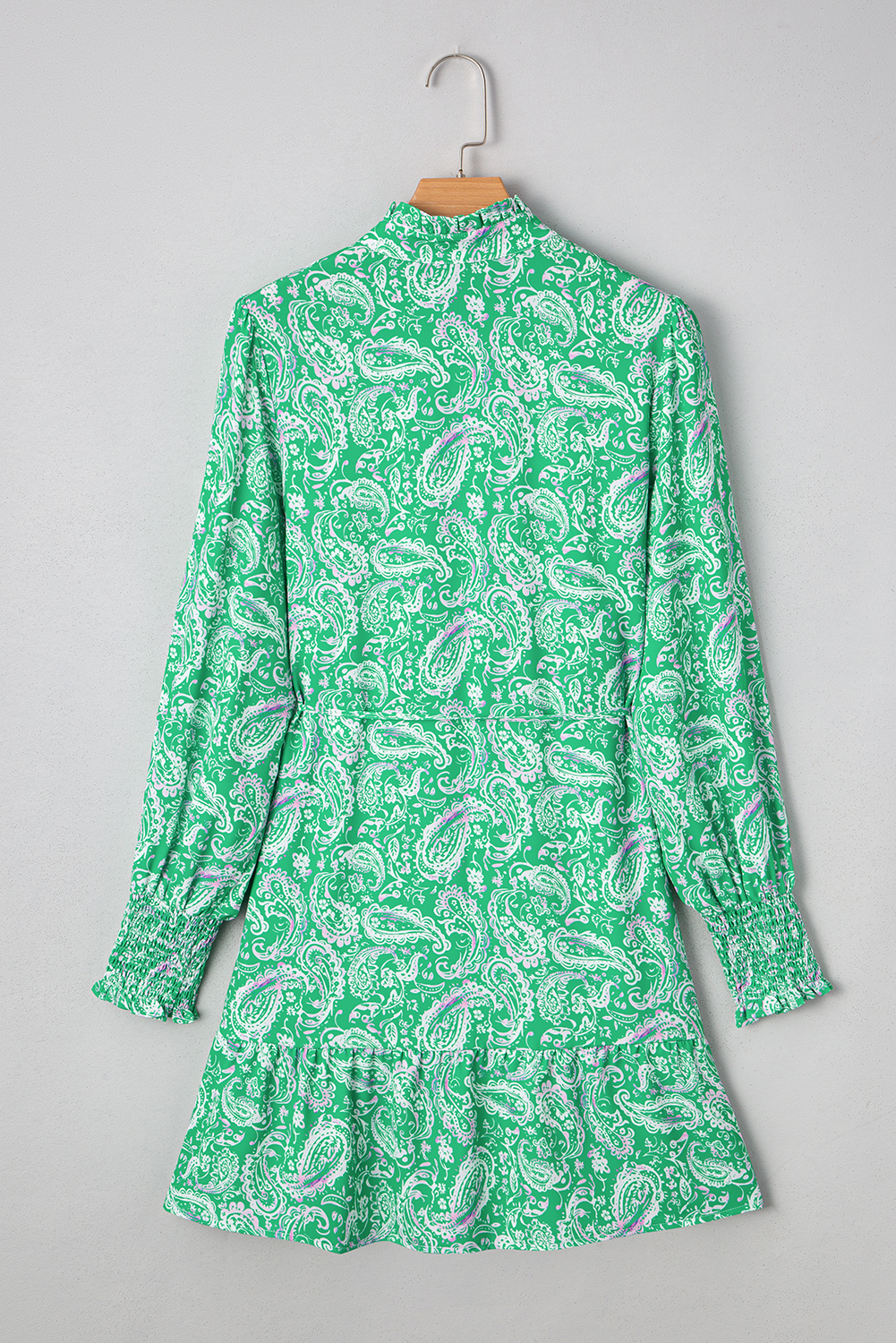 Green Paisley Print Long Sleeve Button Front Tied Waist Mini Dress