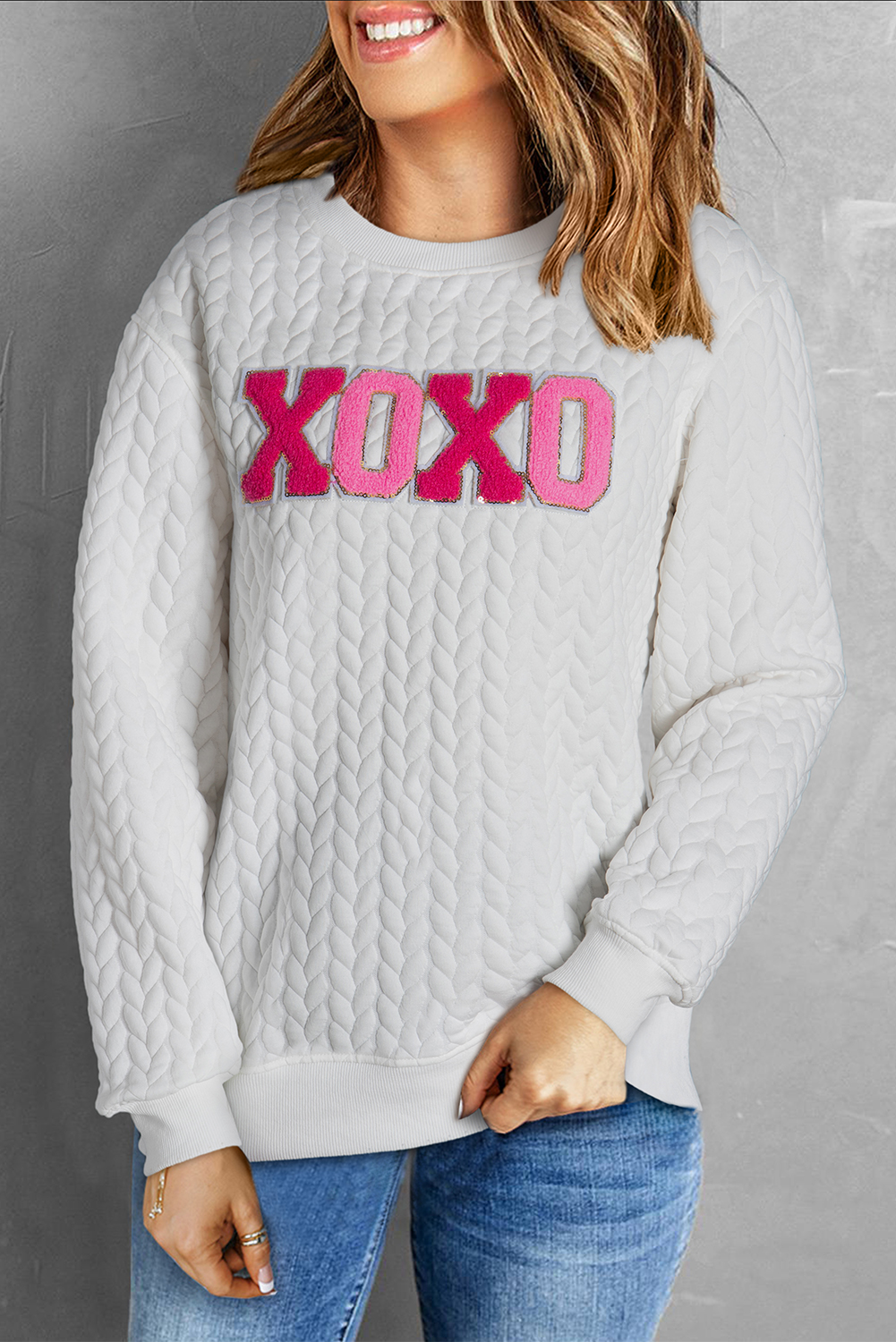 White LOVE Chenille Embroidered Cable Knit Pullover Sweatshirt