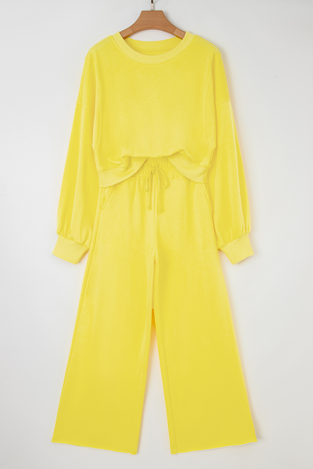 Bright Green Drop Shoulder Puff Sleeve Crop Pullover Drawstring Wide Leg Pants Set