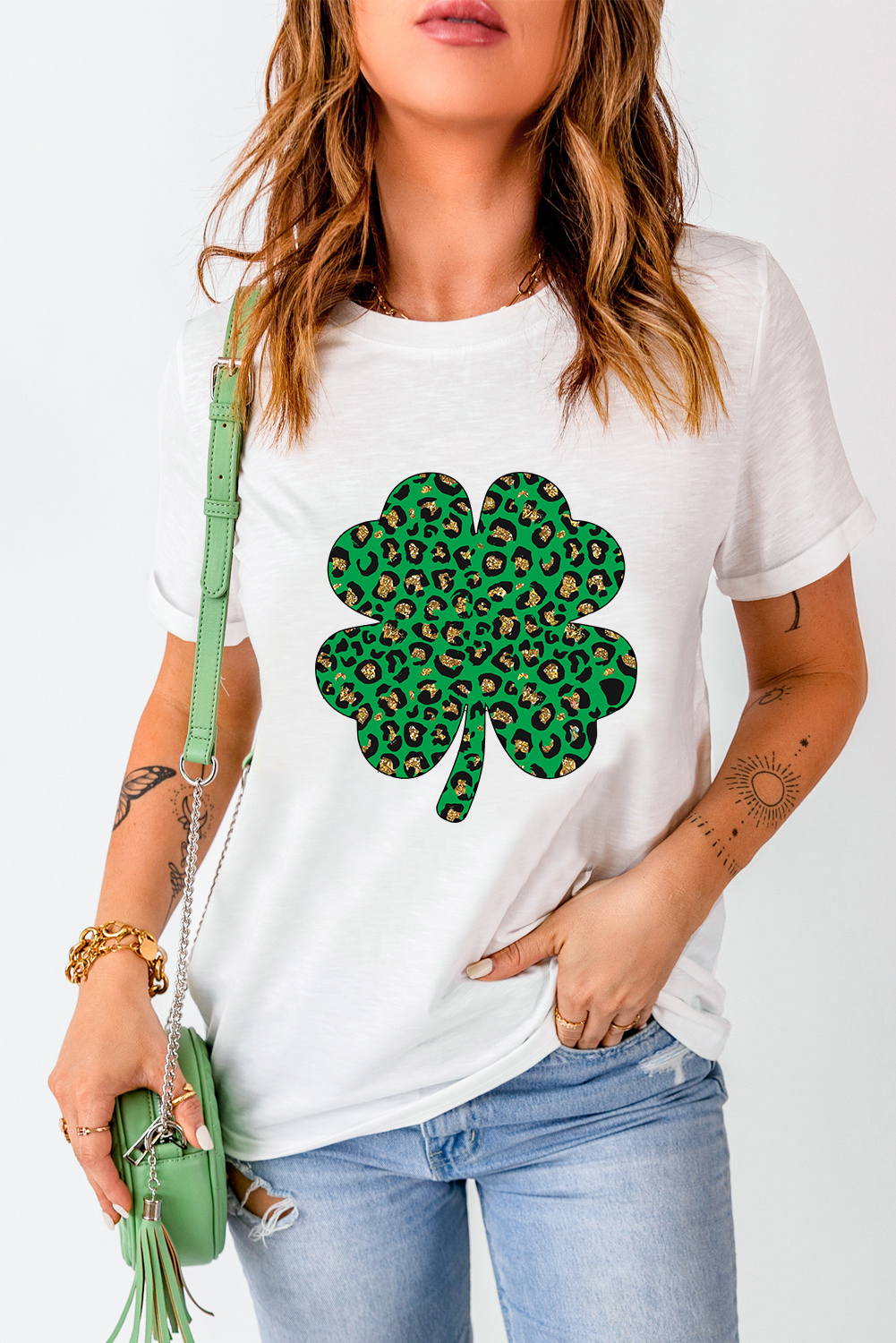Black St. Patricks Lucky Clover Print O Neck T Shirt