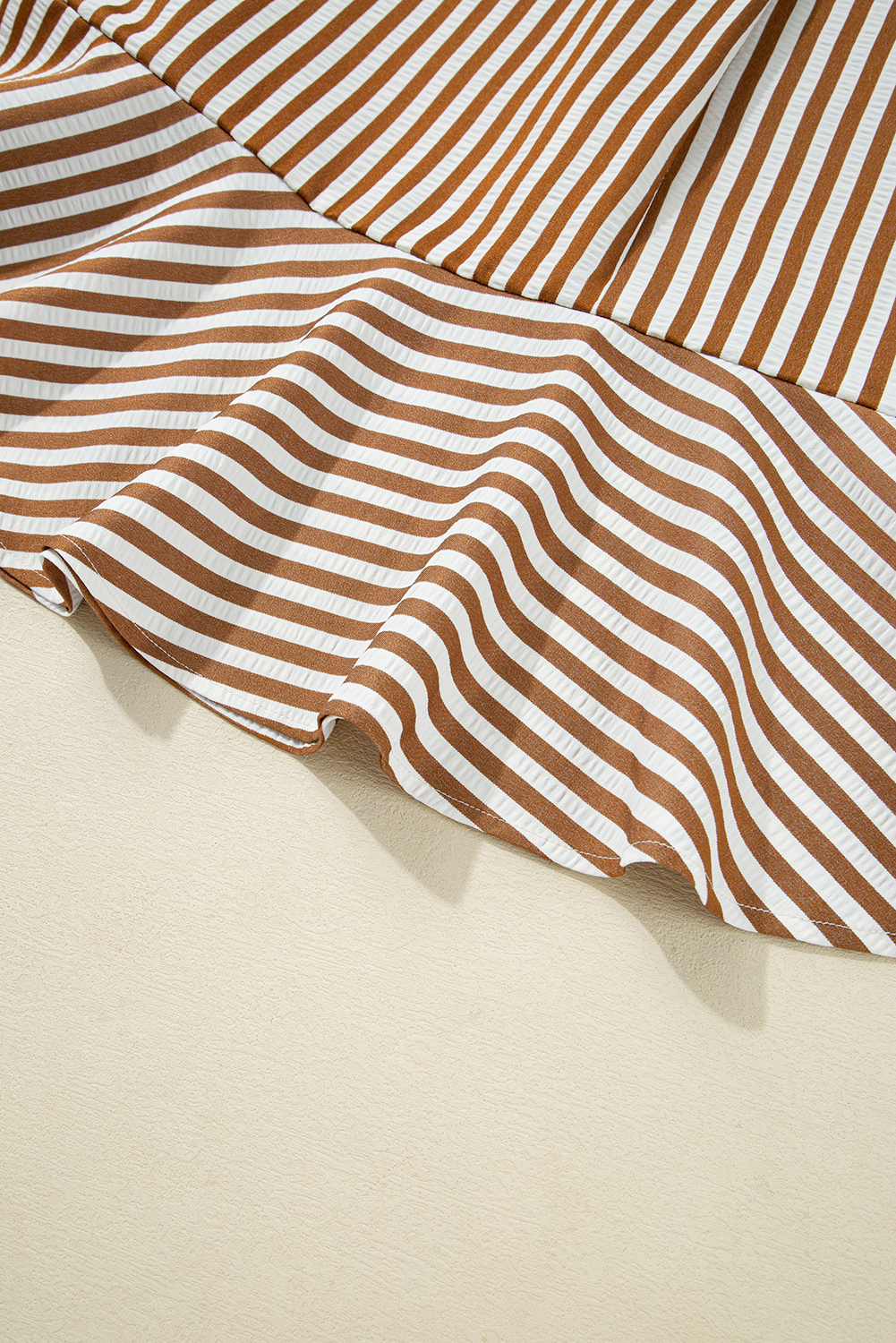 Brown Stripe Ruffled Hem Collared Long Sleeve Shirt Mini Dress
