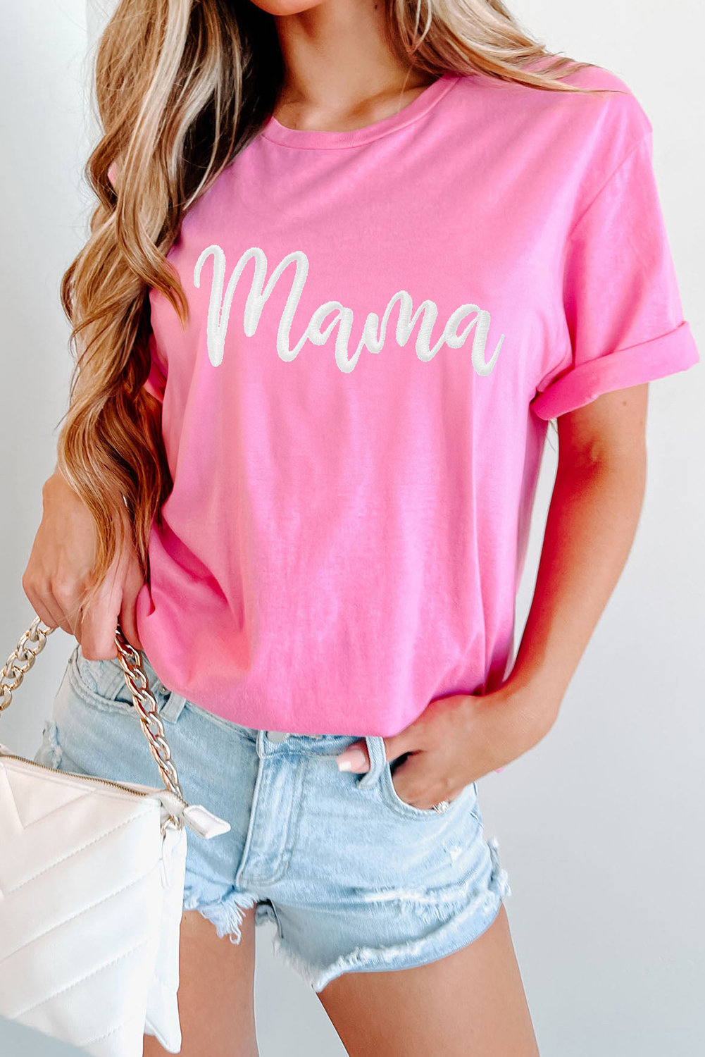 Sachet Pink mama Embroidered Graphic Crewneck Mothers Day T Shirt
