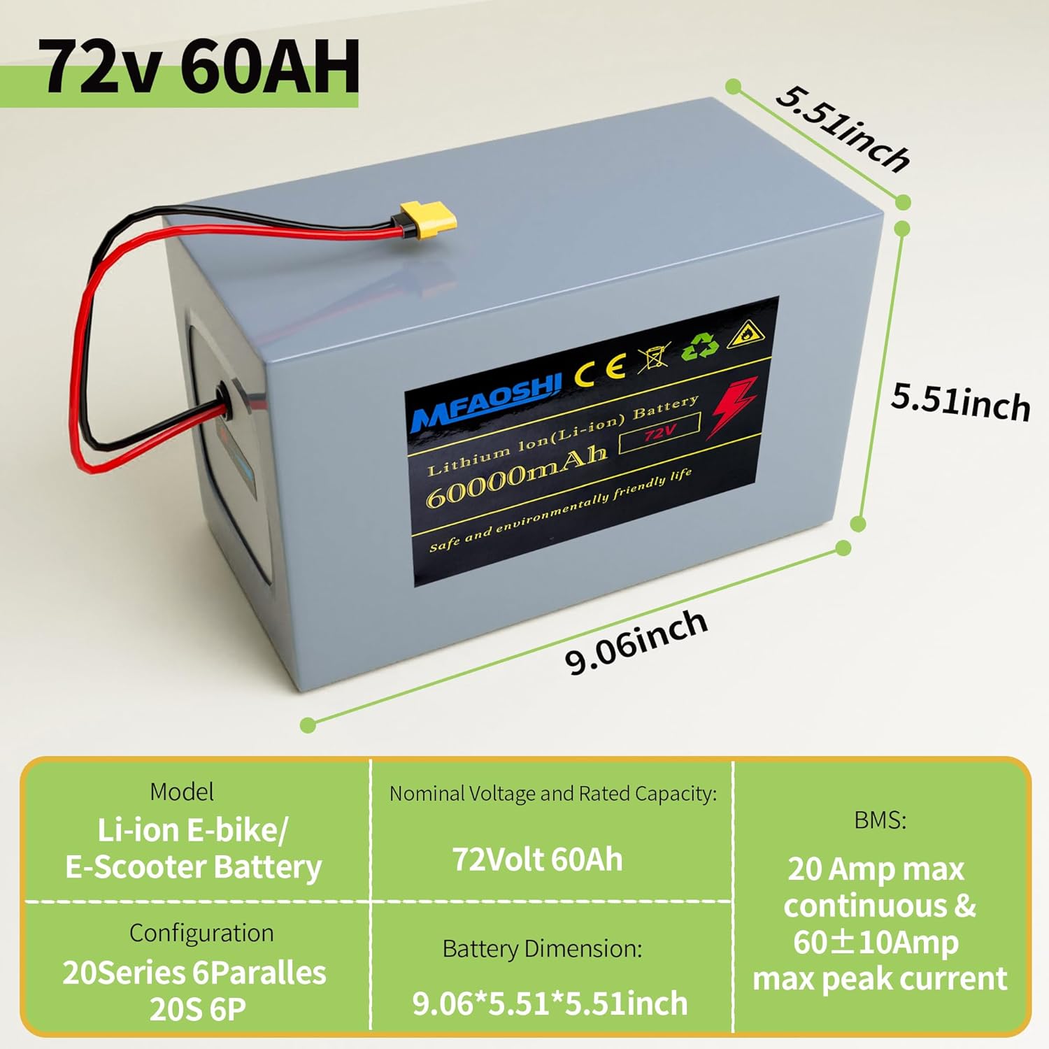 72V 60Ah Lithium E-Bike Battery with LED, XT90 Connector