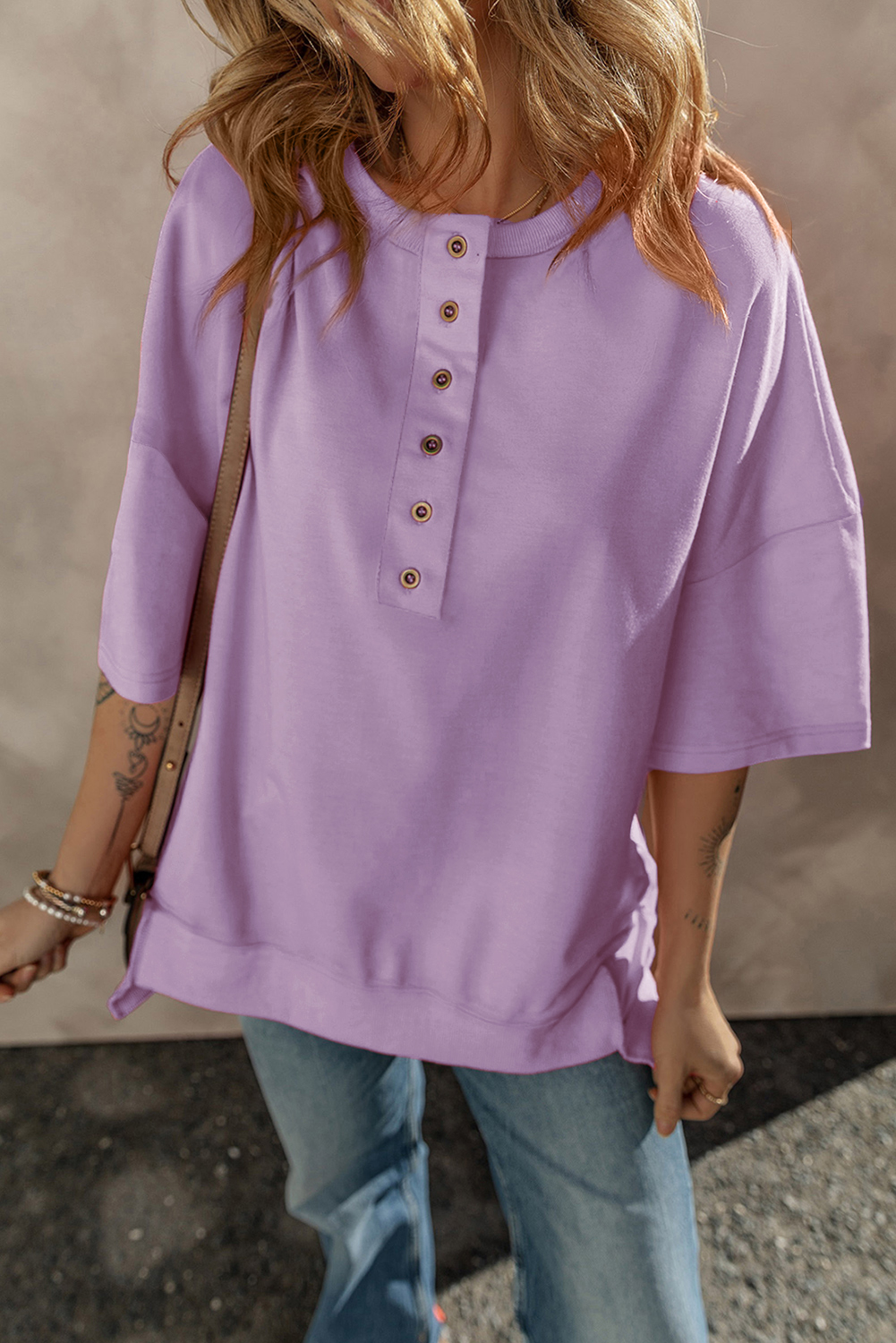 Jungle Green Exposed Seam Button Neck Wide Sleeve Tunic Top